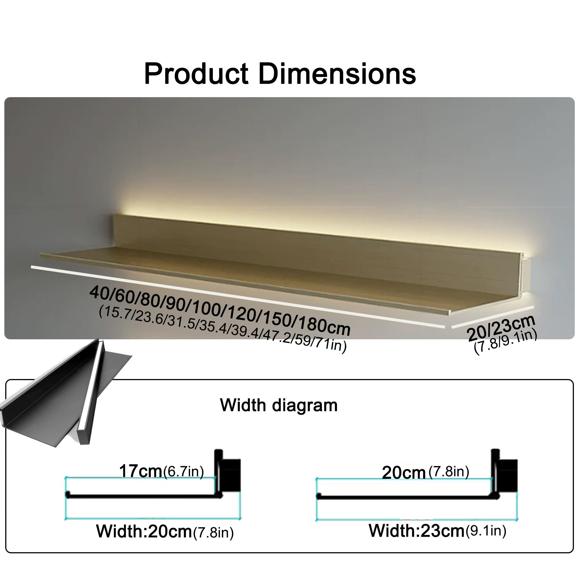 Estanteria con LED,baldas flotantes pared para exhibición y almacenamiento | Retroiluminación LED cálida, diseño flotante invisible, acero resistente, ahorro de espacio(Gold-20cm/7.8in,180cm/71in)