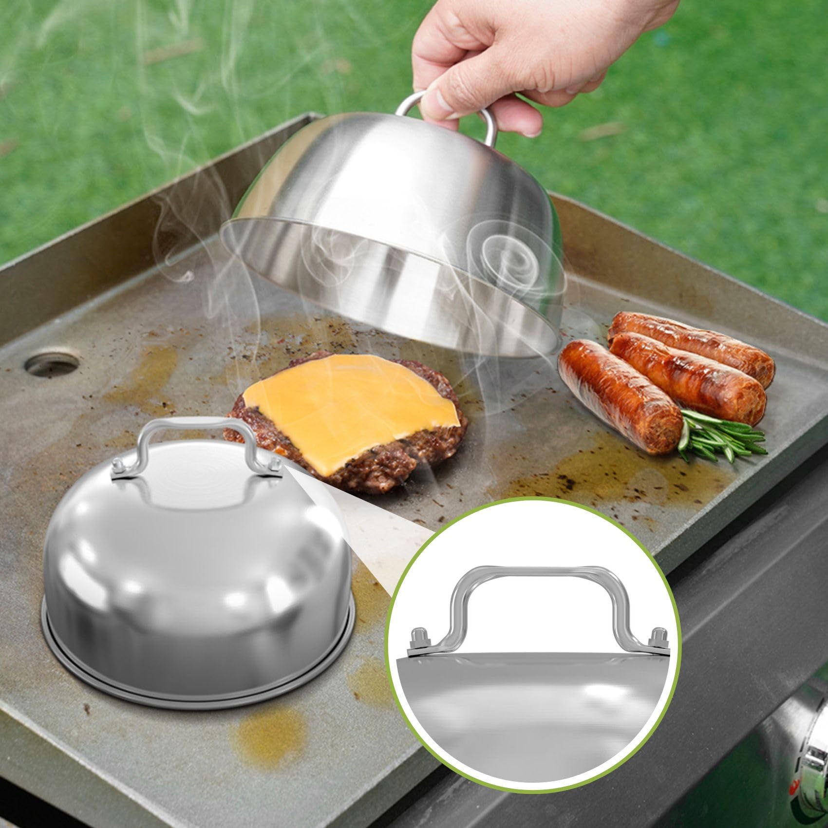 Kit de accesorios para plancha, 4 piezas, cúpula de fusión de quesos y kit de prensa de hamburguesas, cubierta de hilvanado de 6 pulgadas con triturador de hamburguesas y espátula para 3