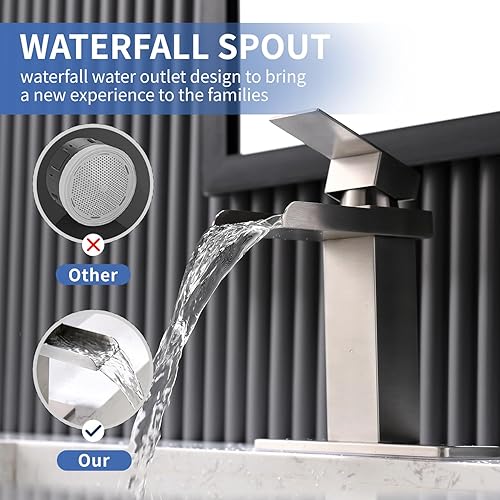 Miniatura 5 de BF009L - Grifo de lavabo de baño de un solo agujero, cascada de níquel cepillado con drenaje desplegable y líneas de suministro, BF009L