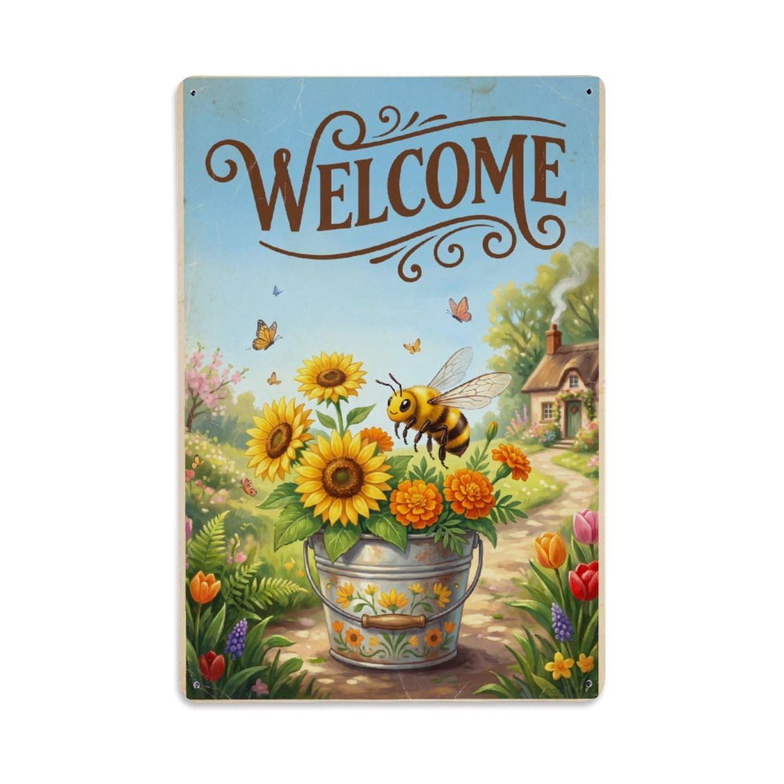 Vintage Welcome Bee Sunny Day Metal Tin Sign