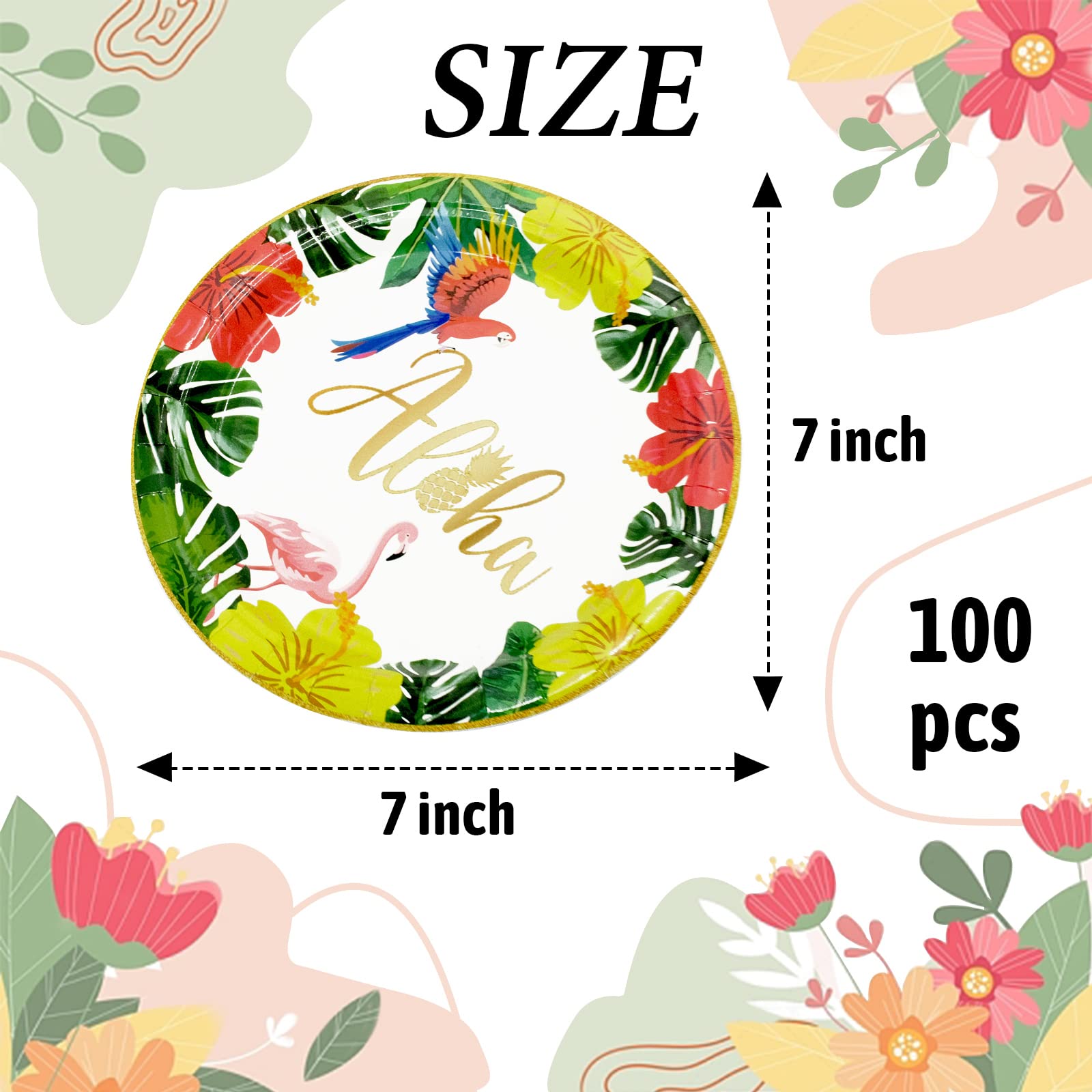 CONEHOY 100 Pcs Flamingo Plates Hawaiian Aloha Paper Plates 7” Disposable Dinner Dessert Plate Tableware Set Luau Tropical Themed Party Supplies Summer Holiday Beach Picnic Birthday Party Decorations