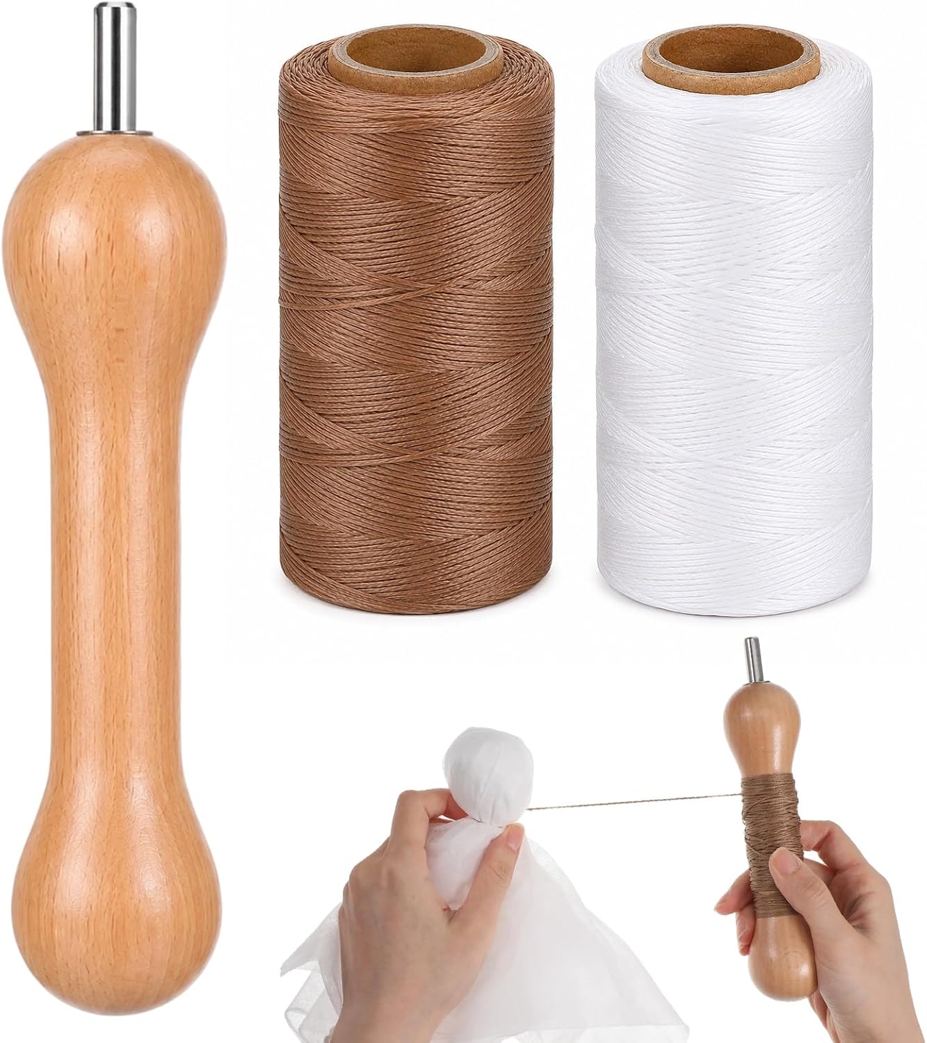 3 Pcs Sinew for Tie Dye Tool, Wooden Spool with 2 Rolls Flat Waxed Thread