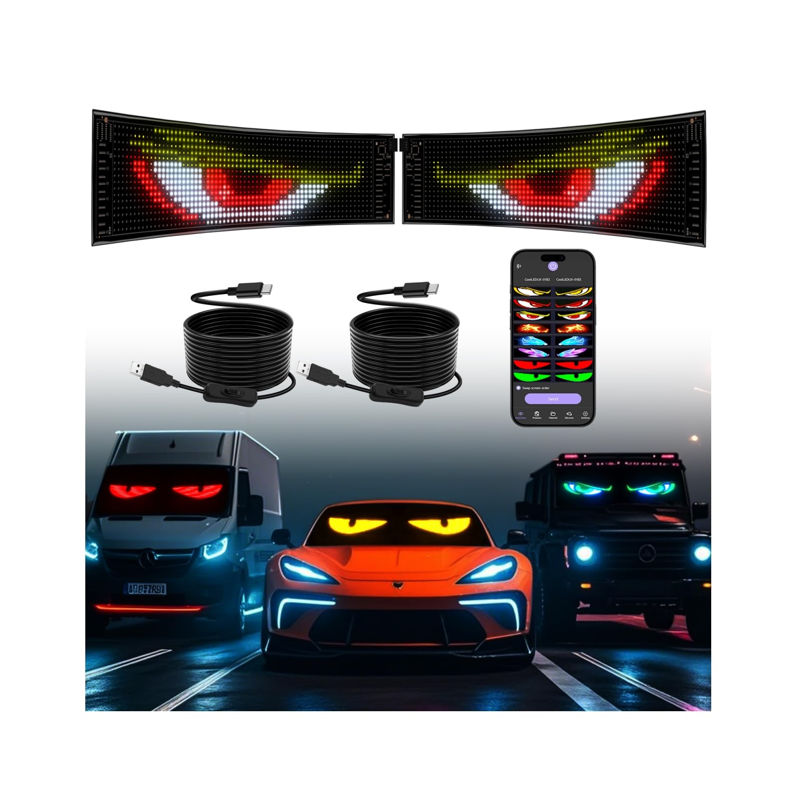 2PCS Pantalla LED Programable,47.5 X 12cm Letrero led para Coches Ojos del Diablo Control VíA App Bluetooth,Colorida Letrero LED Flexible,USB 5v,para CamióN, Publicidad XAXVSTS