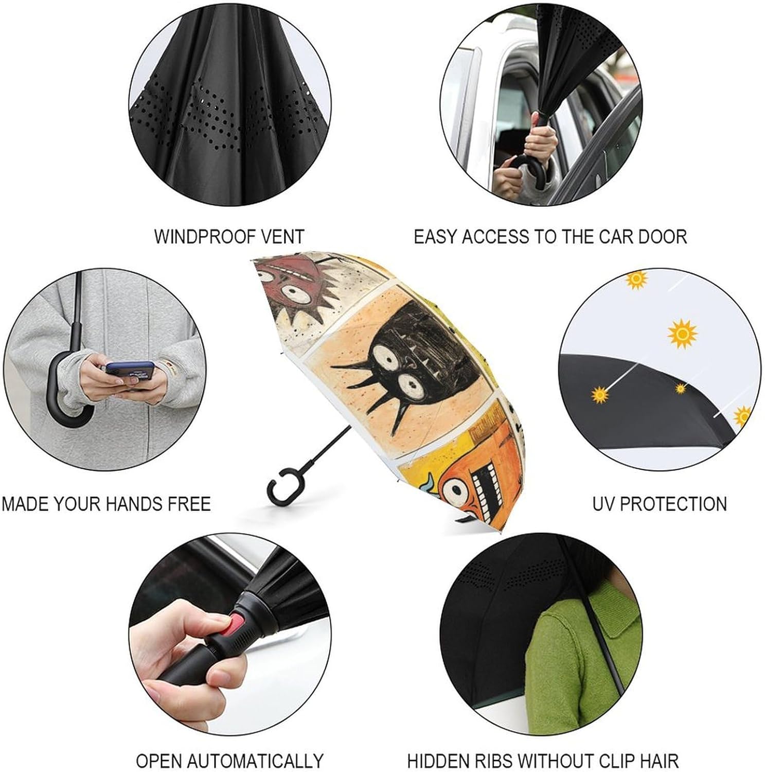 Freestyle Painting Reverse Umbrella Auto Close Windproof,Inverted Umbrella Double Layer,C-Shaped Handle,Golf Umbrella to Perfect for Travel,Car,Commute,Women Men