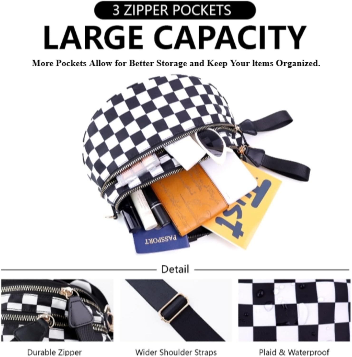 Emmafy GoFree - The Roomiest Crossbody Purse for Women, Checkered Nylon Bag, Travel Hobo & Bum Bag, Lightweight & Spacious