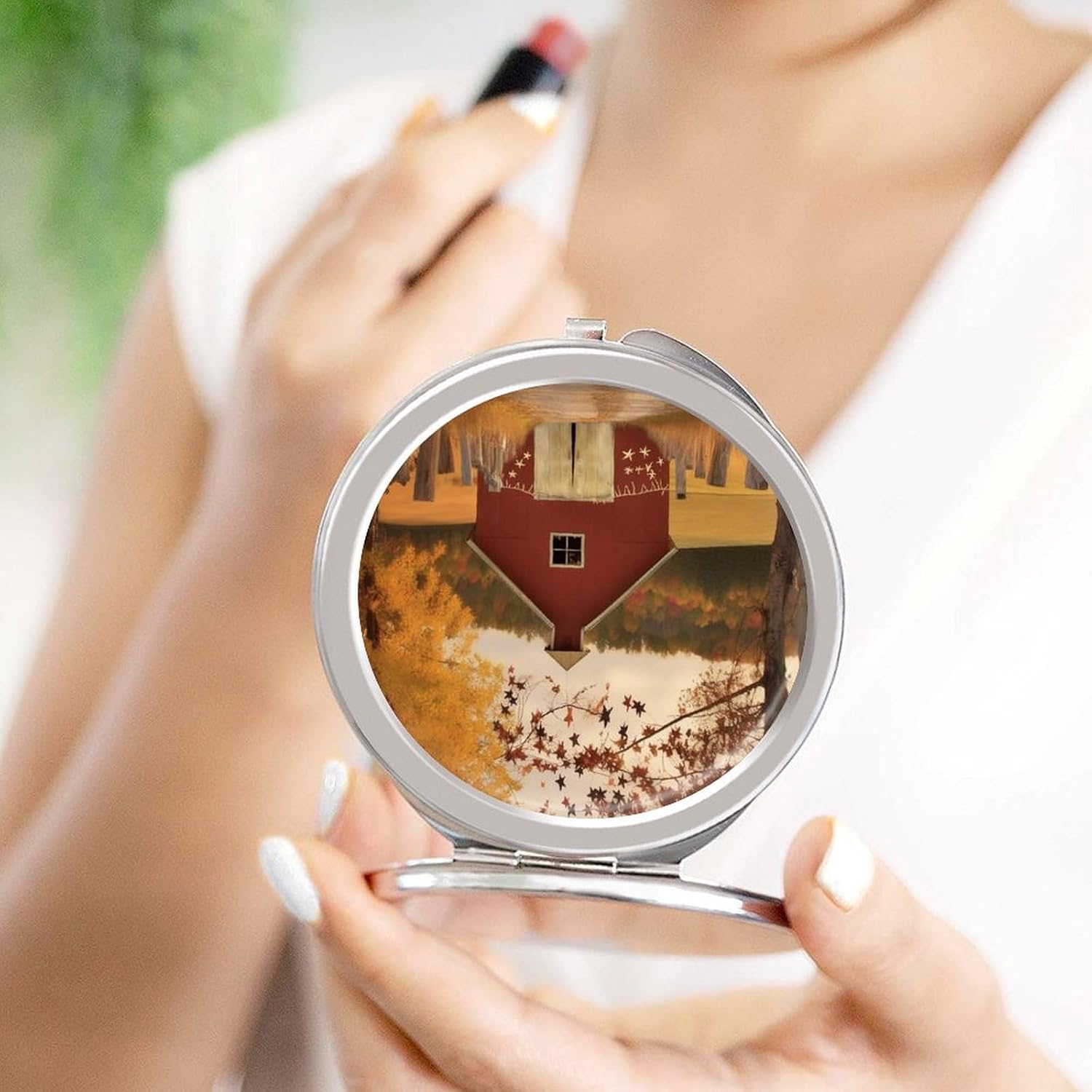 Travel Fall Country Barn Makeup Mirror Compact Pocket Vanity Mirror Double-Sided 2X /1x Magnifying Round Folding Handheld Cosmetic Beauty Mirrors for Purse Handbag image 4