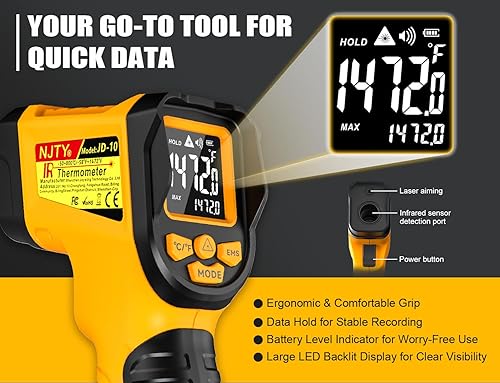 Miniatura 3 de Pistola Termómetro Infrarrojo, -58℉ a 1472℉, Alta Precisión, Sensor de Temperatura Láser Sin Contacto con Pantalla LCD Retroiluminada, para Cocinar