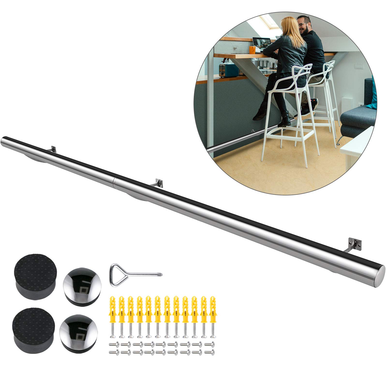 VBENLEM 8FT Length Solid Brushed Stainless Steel Rail Tubing Kit, Bar Foot Rest w/2 Wall Mount Brackets and 2 Flat End Caps, Silver