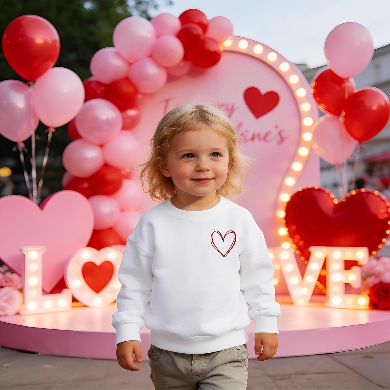 BOUTIKOME Toddler Girl Valentines Day Outfit Heart Graphic Sweatshirts Long Sleeve Crewneck Pullover Top Fall Winter Clothes(White,4-5 Years(110))