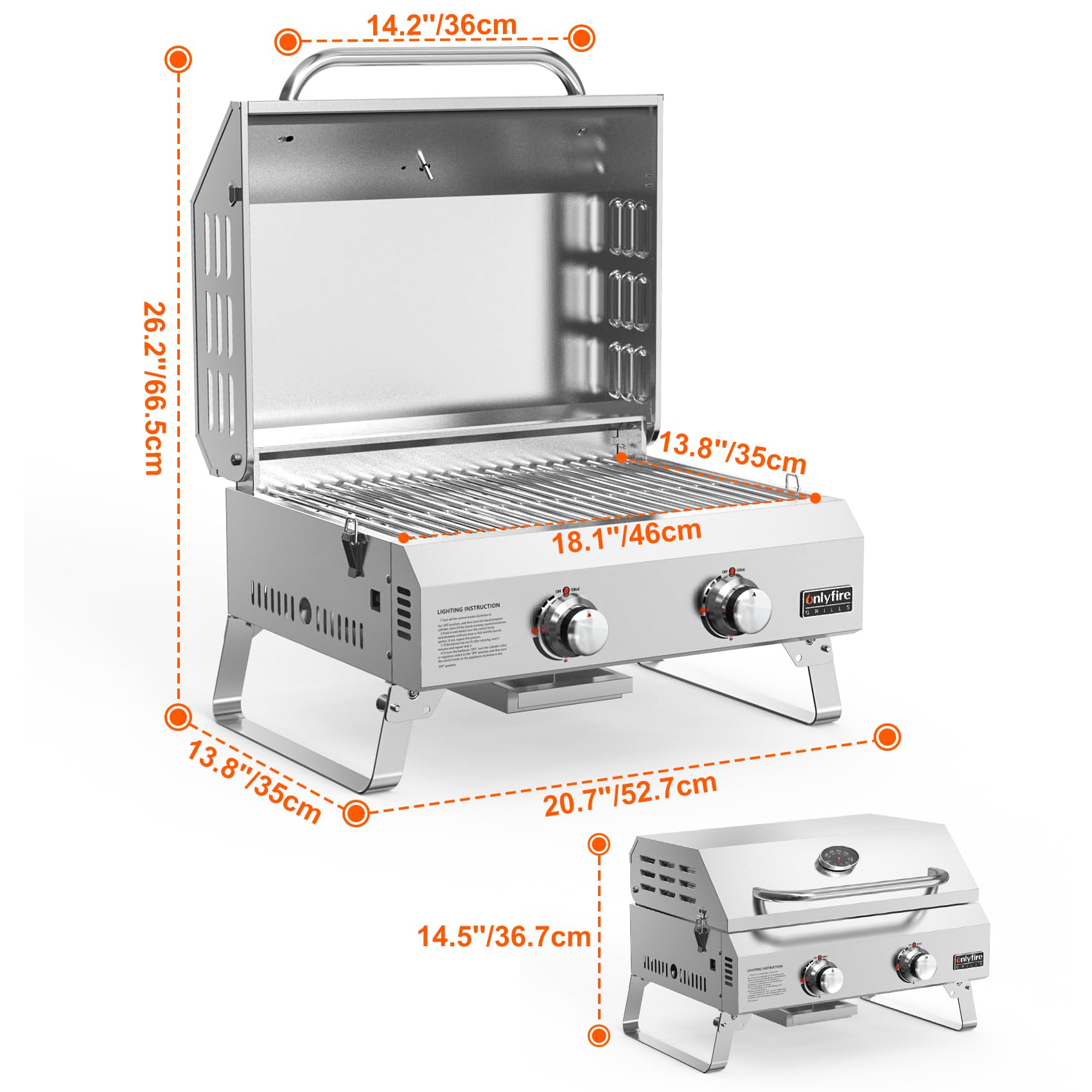 onlyfire Tischgasgrill 2 Edelstahlbrennern, Tischgrill mit Deckel, Grillrost, Thermometer, Kleiner Gasgrill für Balkon Camping Garten, 4.7 kW, Grillfläche 46x35cm, BBQ Tragbarer Tisch Gasgrill
