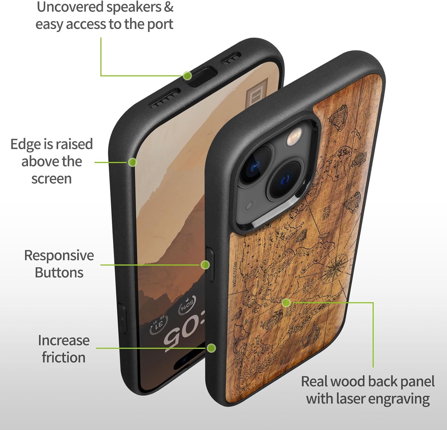 Carveit Magnetic Wooden Case for iPhone 15 Case, Compatible with MagSafe Wireless Chargers, Black Soft TPU Shockproof Cover & Wood Artisan Engraved (World Map) - Walnut