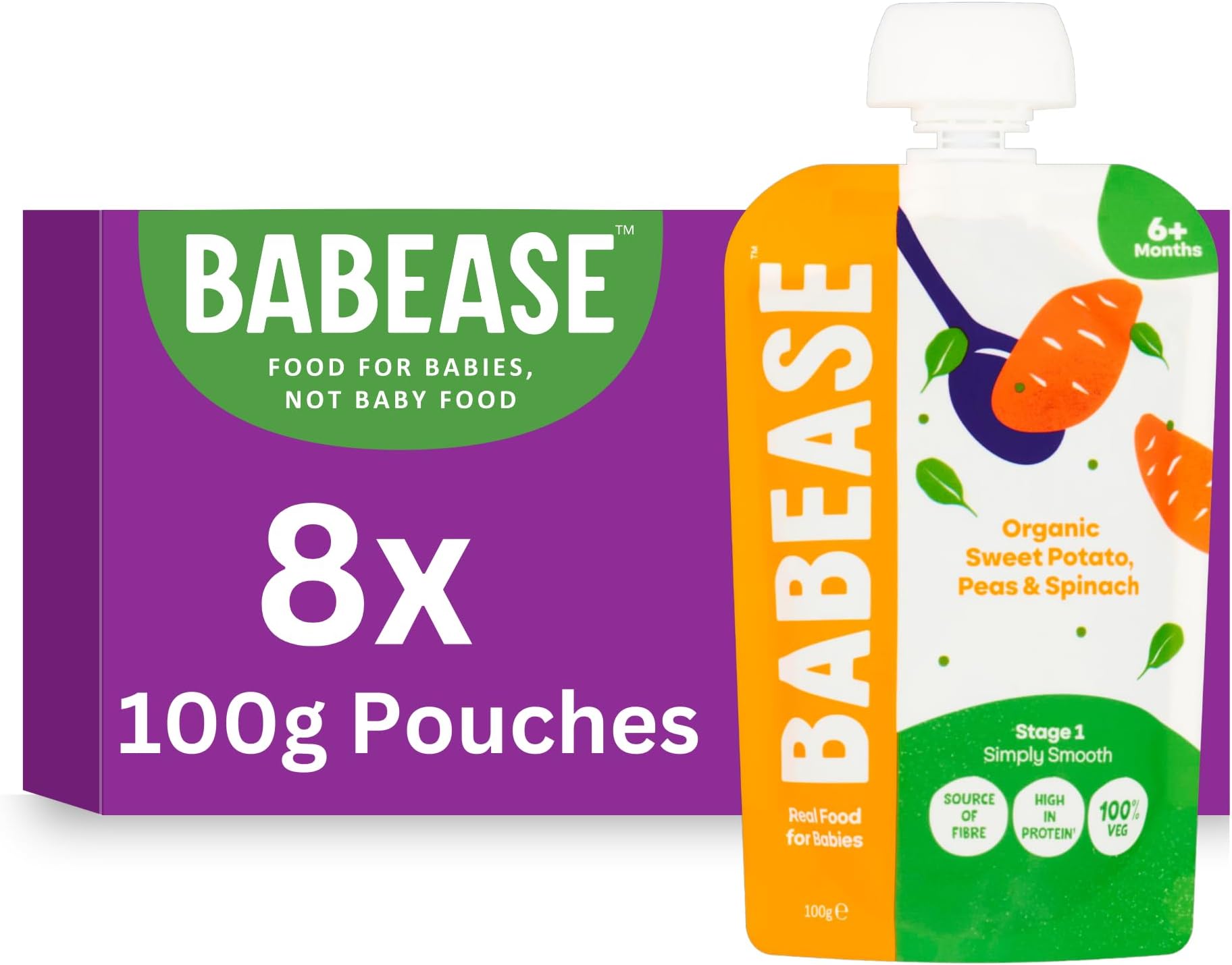 Babease Premium Organic Stage 1 Sweet Potato, Peas & Spinach, Weaning 6 Months+ Natural Baby Food Pouches, Dairy & Gluten Free, Pack of 8 x 100g