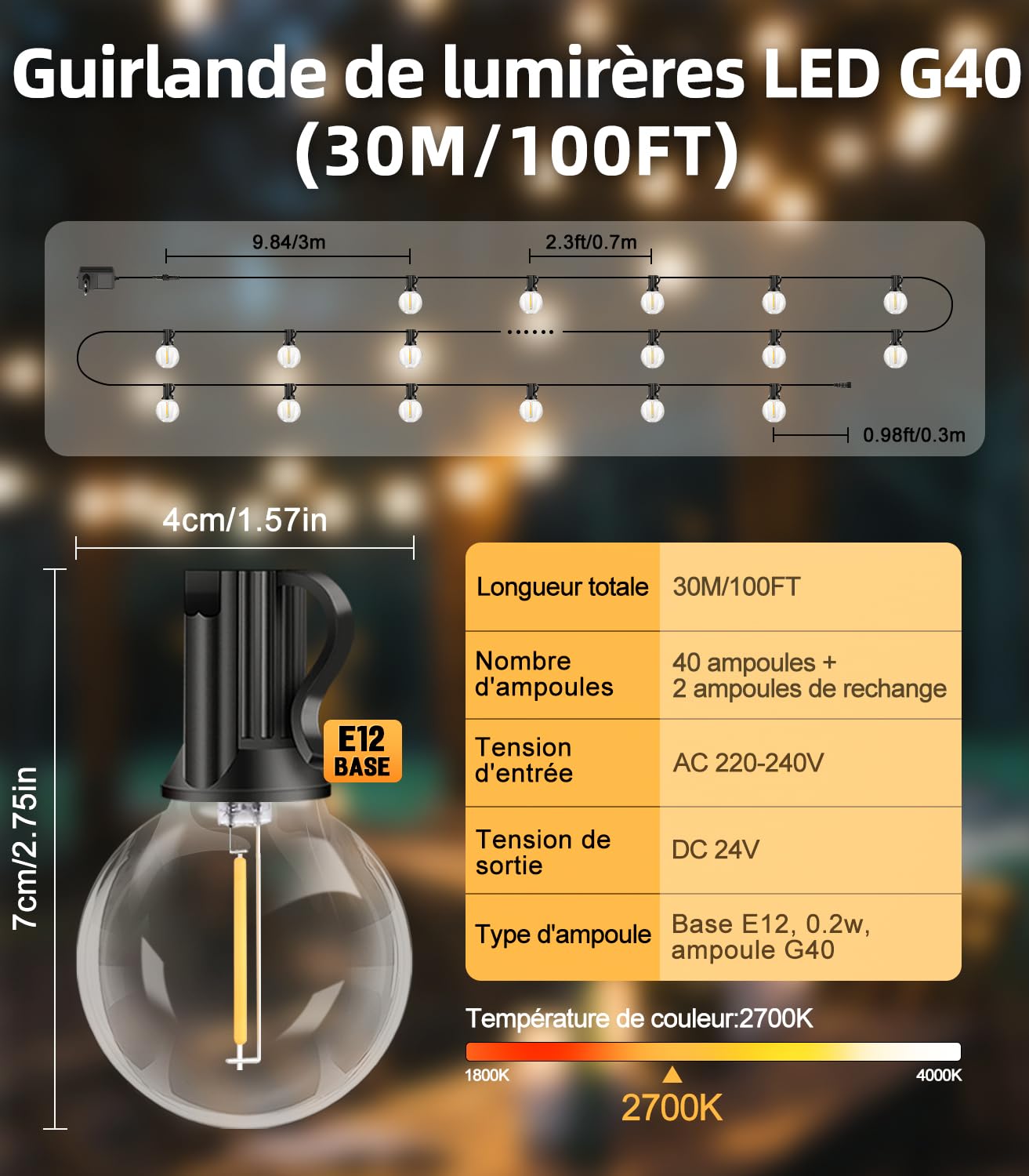 Guirlande Lumineuse Extérieure 30M - 40+2 Ampoules G40 LED, Télécommande IP44 Imperméable, Guirlande Connectable pour Jardin/Terrasse/Balcon