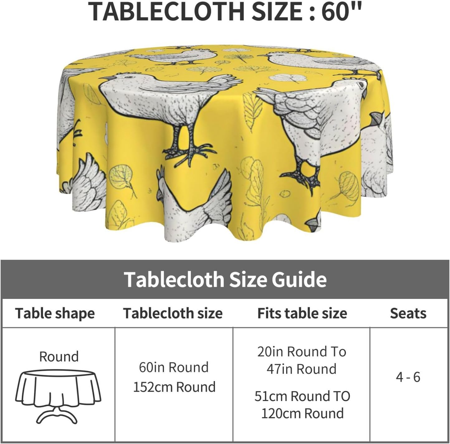 Yellow Chicken Print Wrinkle Free Dining Table Cover for Birthday Party Farmhouse Tablecloths Up to 60 x 60 Inches