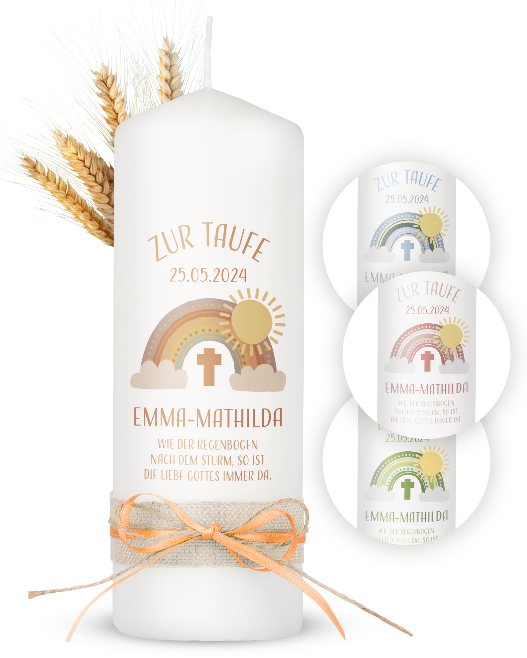 AMARI ® Personalisierte Boho Regenbogen Taufkerze (002.10.03) H:20cm/⌀:7cm - Taufkerze für Mädchen/Junge - Kerze gestalten - Taufe