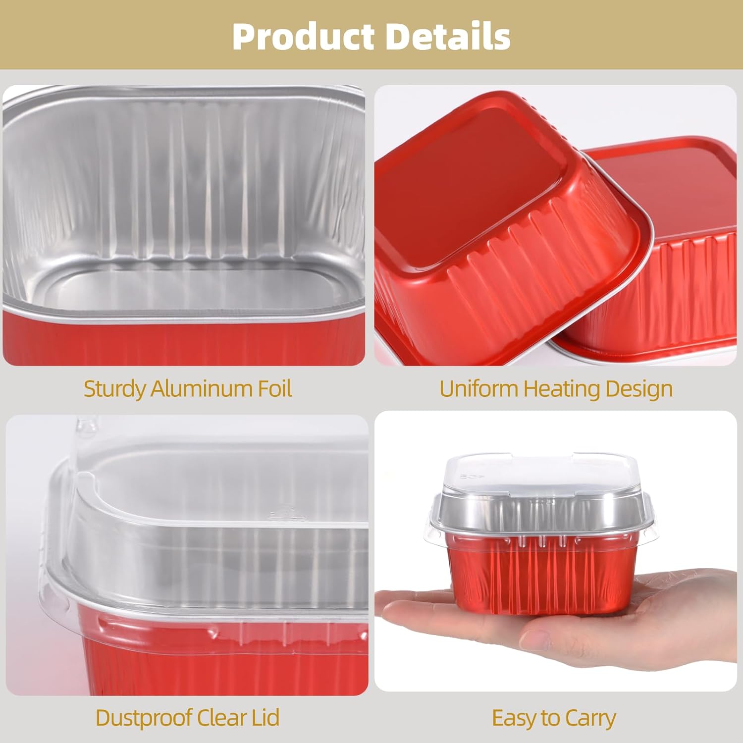 Varku 100 Pcs Mini Square Baking Cups, Aluminum Foil Cake Boxes with Lids, Disposable Ramekins Cupcake Pans, Individual Dessert Containers for Parties, Weddings, Birthdays, Red - Image 3