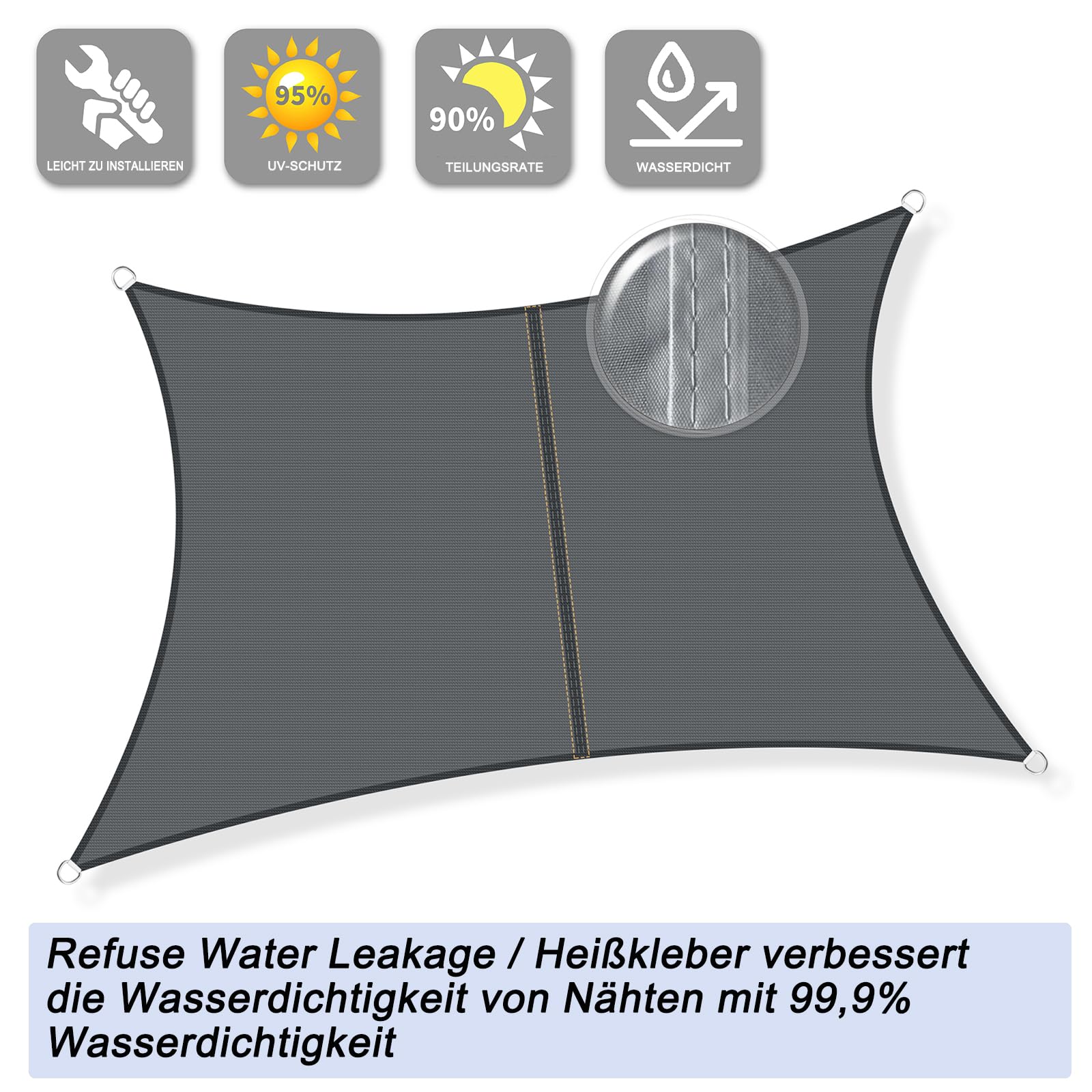 Sunnylaxx 3x4.5m Sonnensegel Wasserdicht Rechteckig Anthrazit