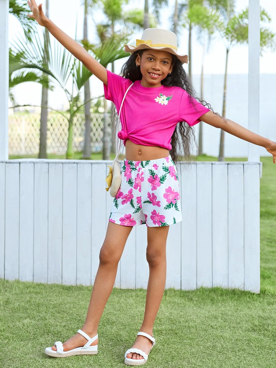 Haloumoning Girls 2 Piece Summer Outfits Kids Cute Graphic Tees and Elastic Waist Shorts Set Hawaiian Vacation Outfit