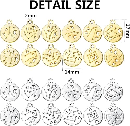 Miniatura 3 de BronaGrand 48 dijes redondos del zodiaco de metal de doble cara, 12 dijes de constelación, dijes de joyería del zodiaco para manualidades, aretes,