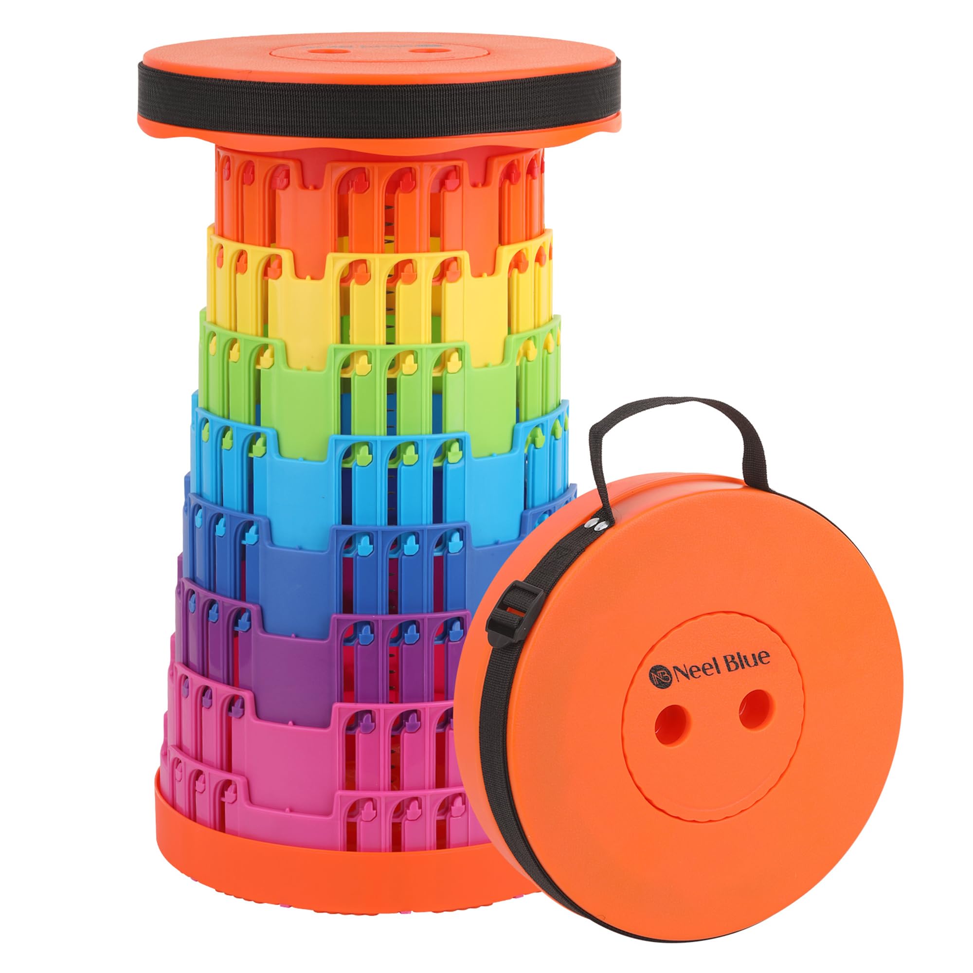 WedDecor Collapsible Telescopic Folding Stool Heavy Duty with 440lbs Load Capacity, Lightweight, Adjustable, Portable Pop Up Stool for Camping, Hiking, BBQ, Garden & Home Use - Rainbow Orange