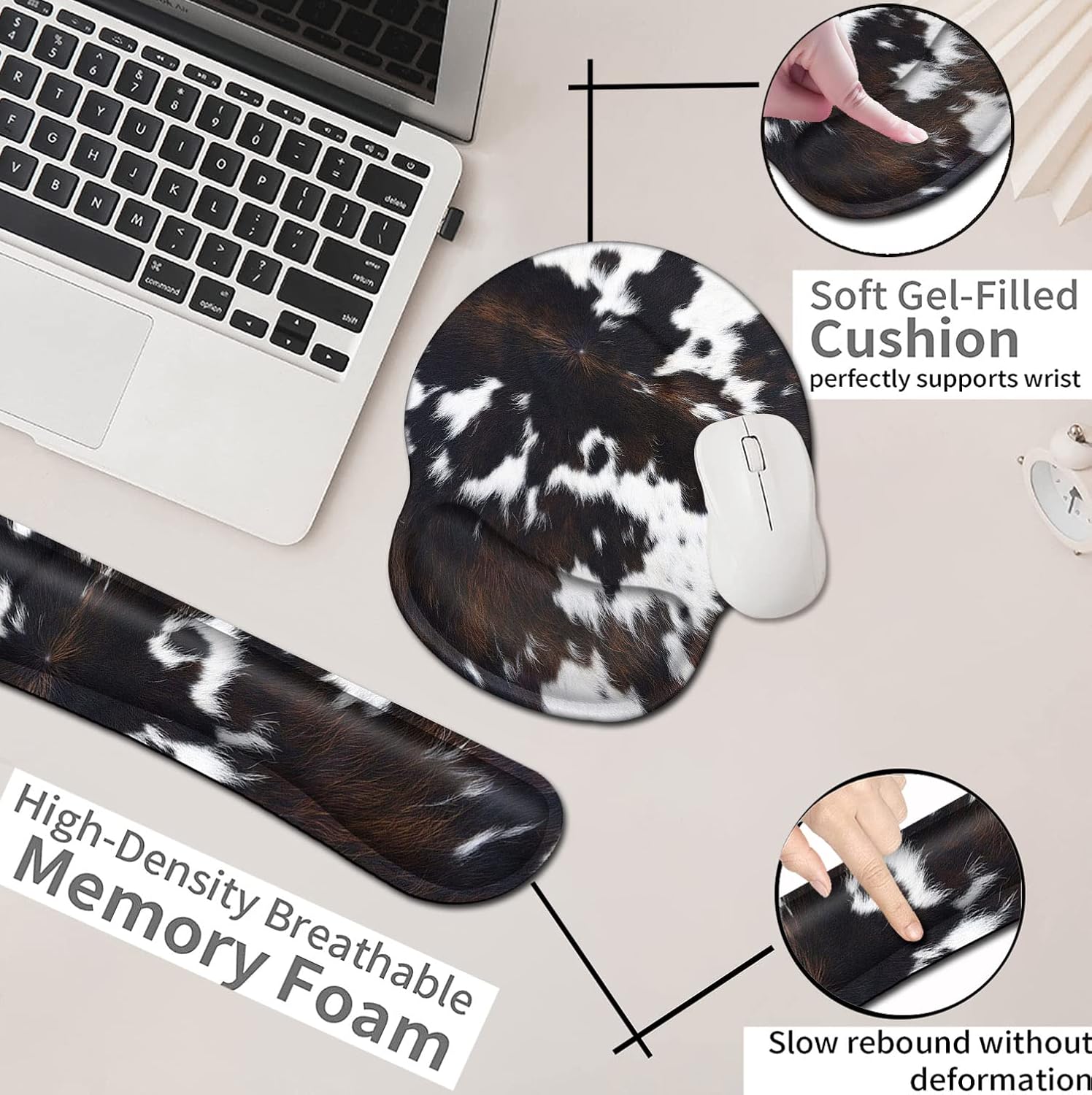 BROWN COW Ergonomic Mouse Pad and Keyboard Wrist Rest - Easy Typing Pain Relief, Memory Foam, Cute Cowhide Design