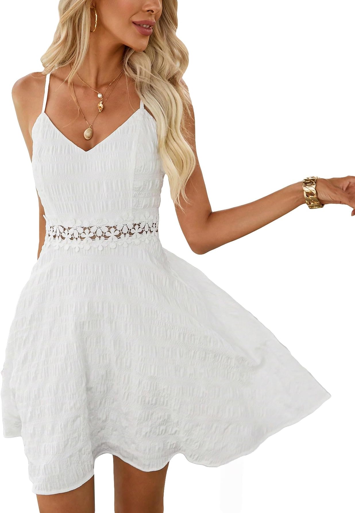 VerdusaWomen's Elegant One Piece Hollow Out Guipure Lace Insert Cami Dress V Neck Sleeveless Slip Mini Dress
