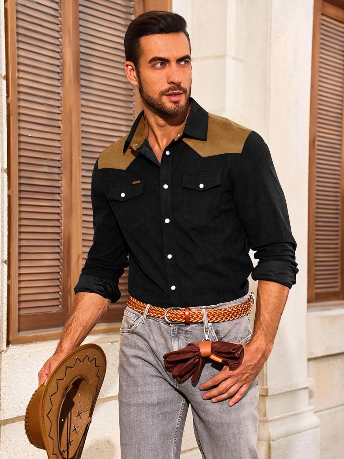 Yousify Mens Corduroy Shirt Long Sleeve Button Down Casual Western Cowboy Shirt Jacket with Flap Pockets