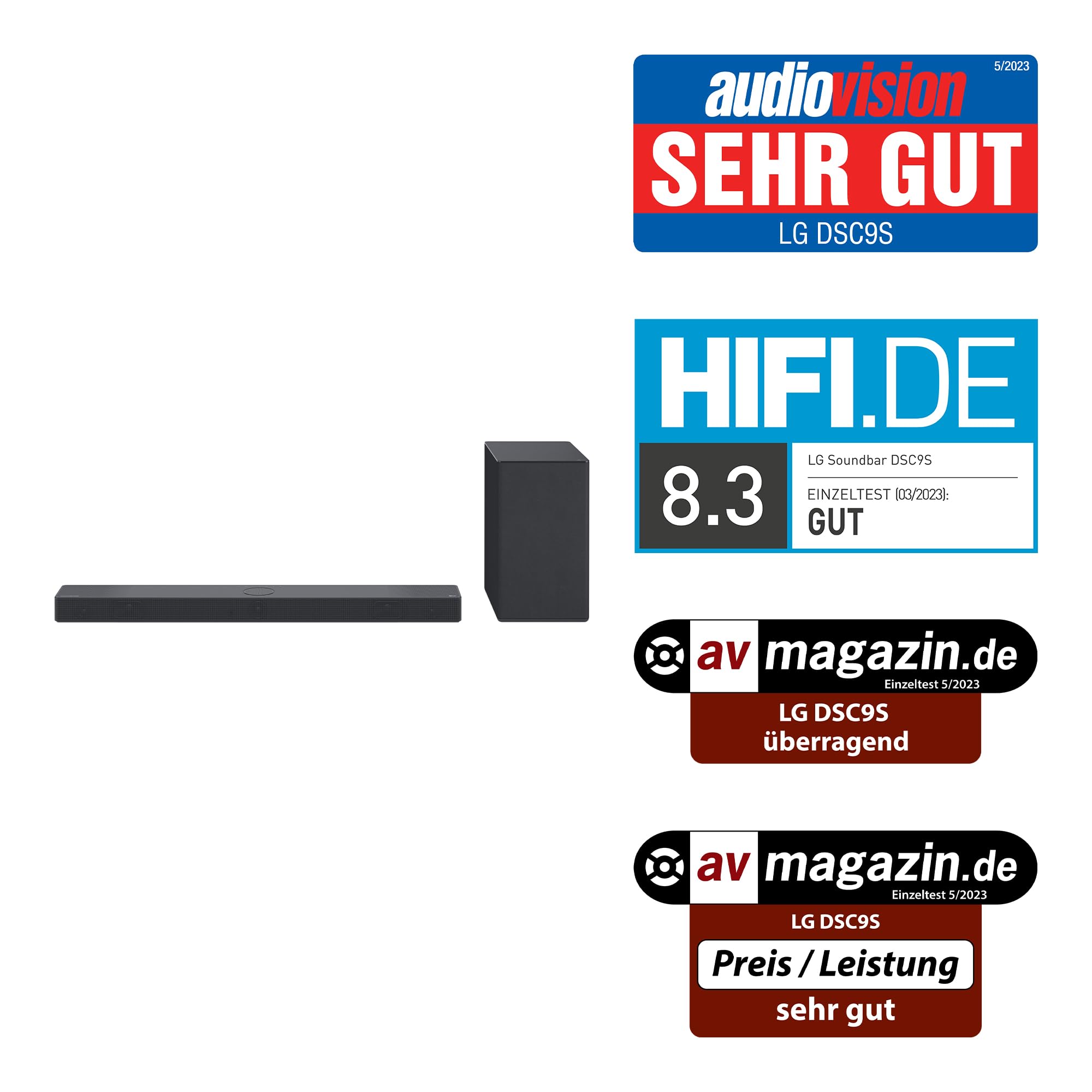 LG DSC9S 3.1.3 Soundbar (400W) mit kabellosem Subwoofer (Dolby Atmos, HDMI, Bluetooth), Schwarz [Modelljahr 2023]