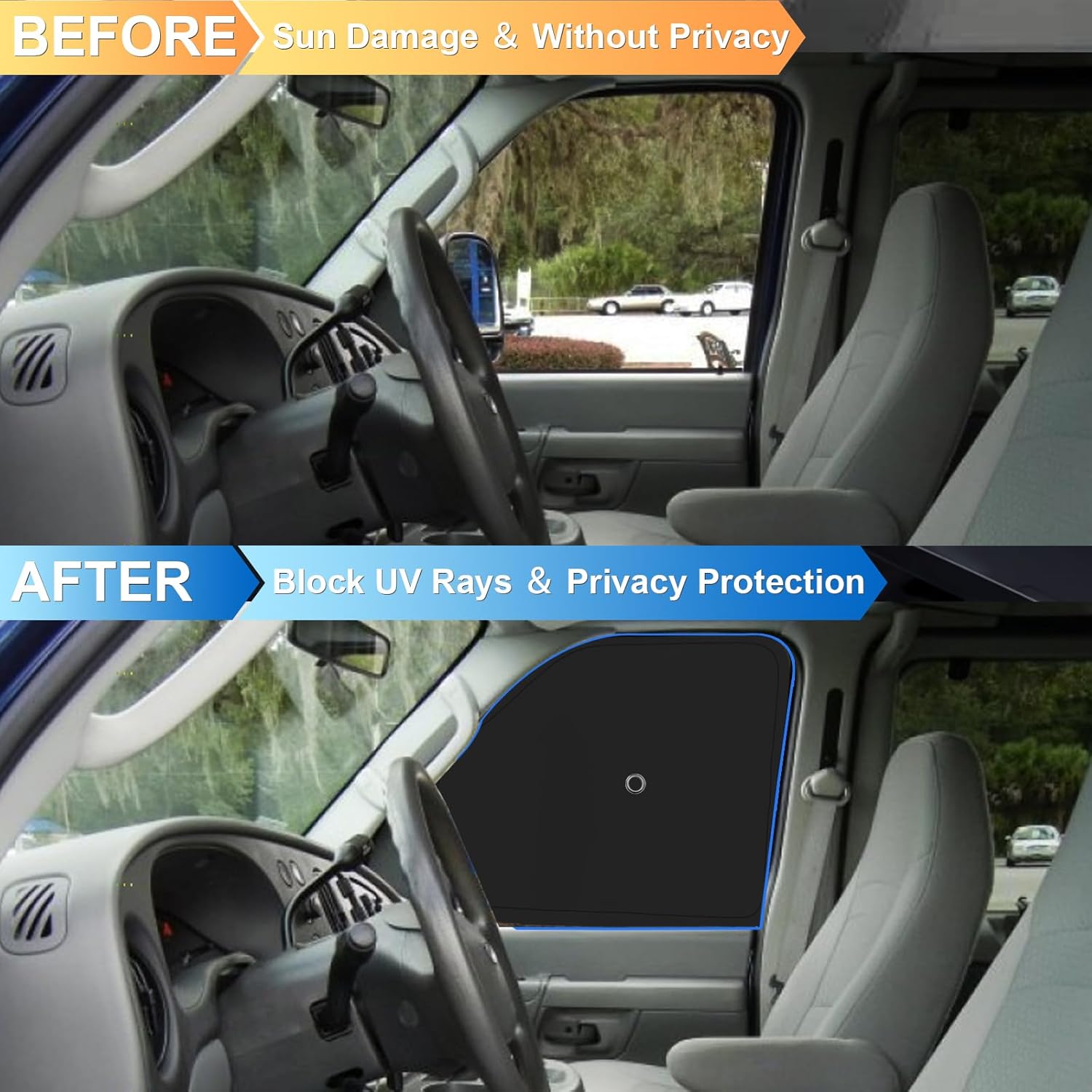 Front Side Window Sun Shade with Suction Cups for 1992-2025 Fo-rd E-Series E-150 E-250 E-350 E-450 Van Motorhome, Foldable Window Sunshade Sun Visor, Side Window Shades Blocks UV Rays Heat