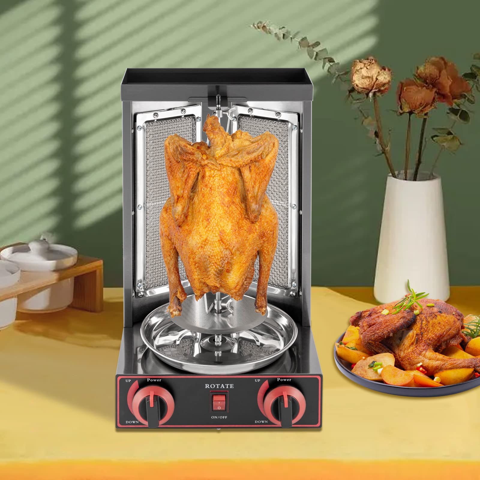 Gas Edelstahl Gas Döner Kebab Maschine Shawarma Gyro Grill Vertikal-Multigrill 3000W Dönergrill Tischgrill 360° Drehbar für Hotels Outlets Restaurants Snackbars