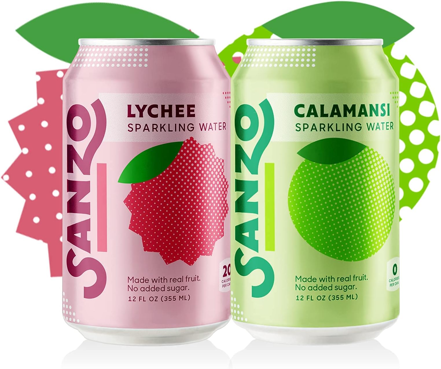 Sanzo Flavored Sparkling Water Bundle - 12-Pack of Calamansi (Lime) and 12-Pack of Lychee (Berry) - Made with Real Fruit and Sugar-Free - Non-GMO, Gluten-Free and Vegan - 12 Fl Oz Cans