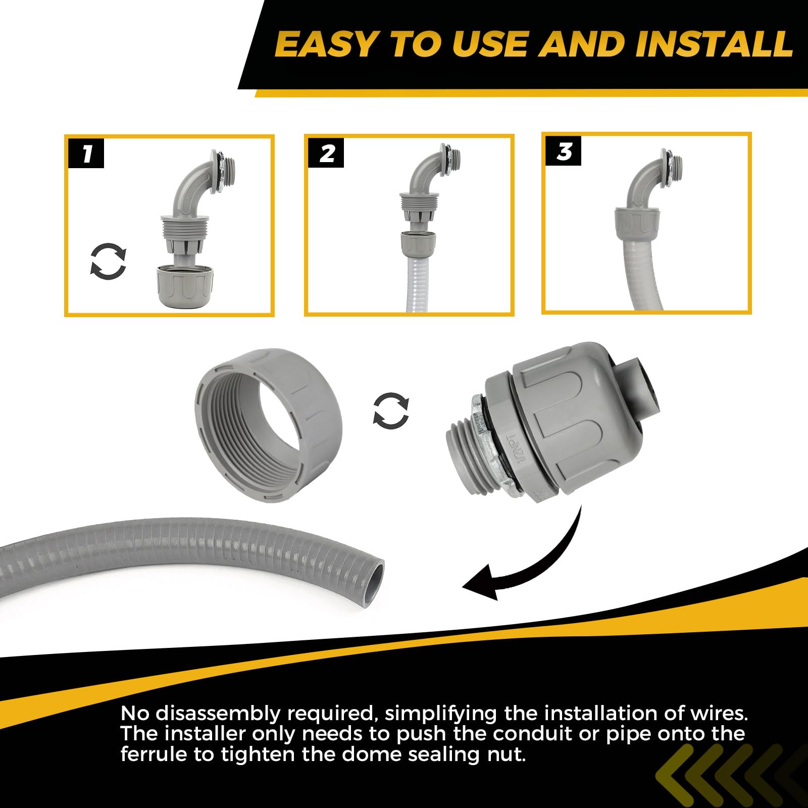 Conectores de conducto, conector hermético a líquidos NPT de 1/2 pulgada no metálico para accesorios de conducto flexibles eléctricos de PVC, 30 rectos y 30 ángulos de 90 grados, certificación