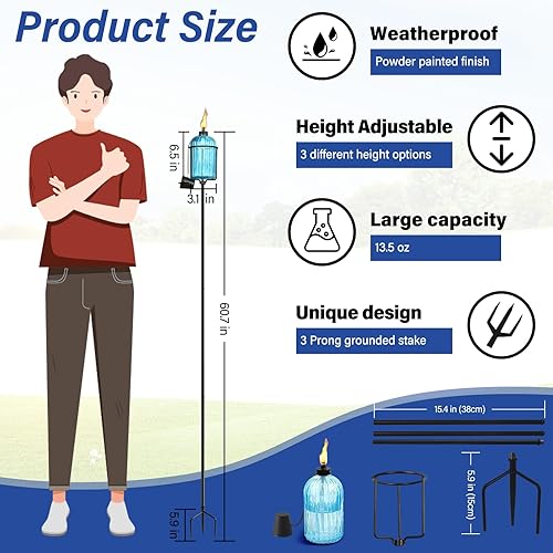 Vista 2 de 4 Pack Glass Garden Torch , 13.5 oz Blue Outdoor Torch Garden Décor , 61-Inch Upgraded Citronella Torches with 3-Prong Grounded Stake , Metal Light