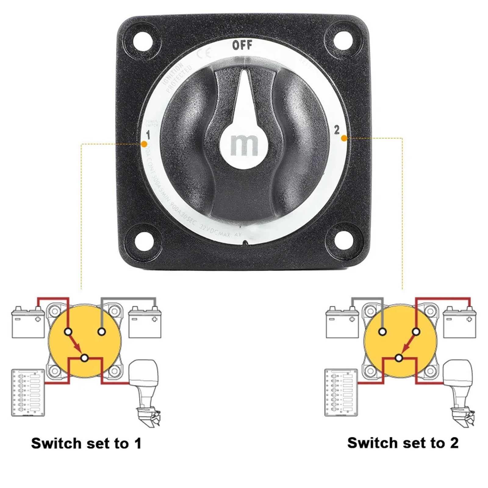Przełącznik masy akumulatora 2, 3, 4 pozycje, trzpień M10 300A 32V (2 pozycja 4 stud)