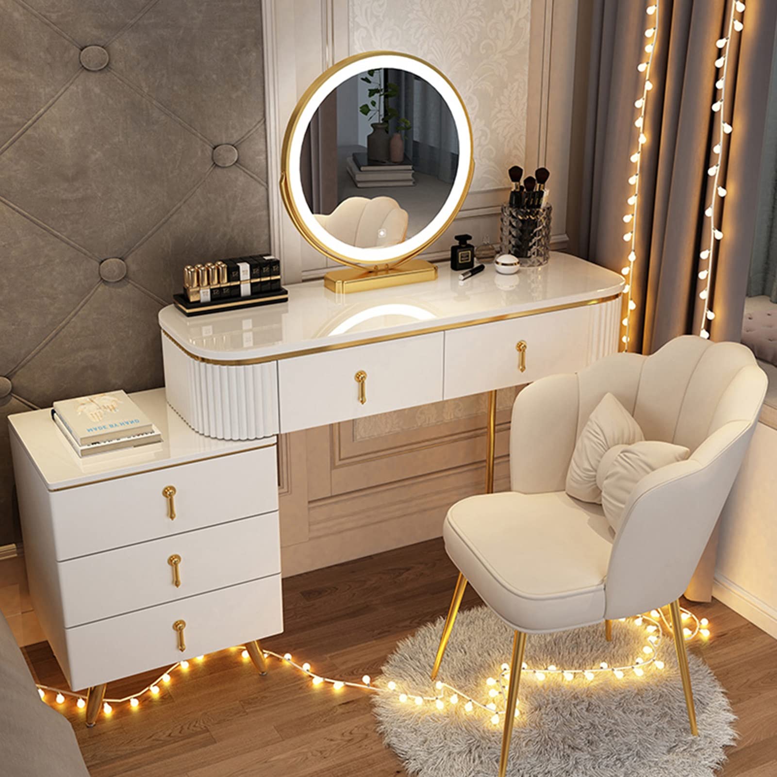 asdchZen Modern Vanity Desk With 360°Swivel Mirror, Makeup Table With Drawers & Nightstand, Adjustable Brightness & 3 Color Modes, Stylish Dressing Table,White a-120cm/47.2in