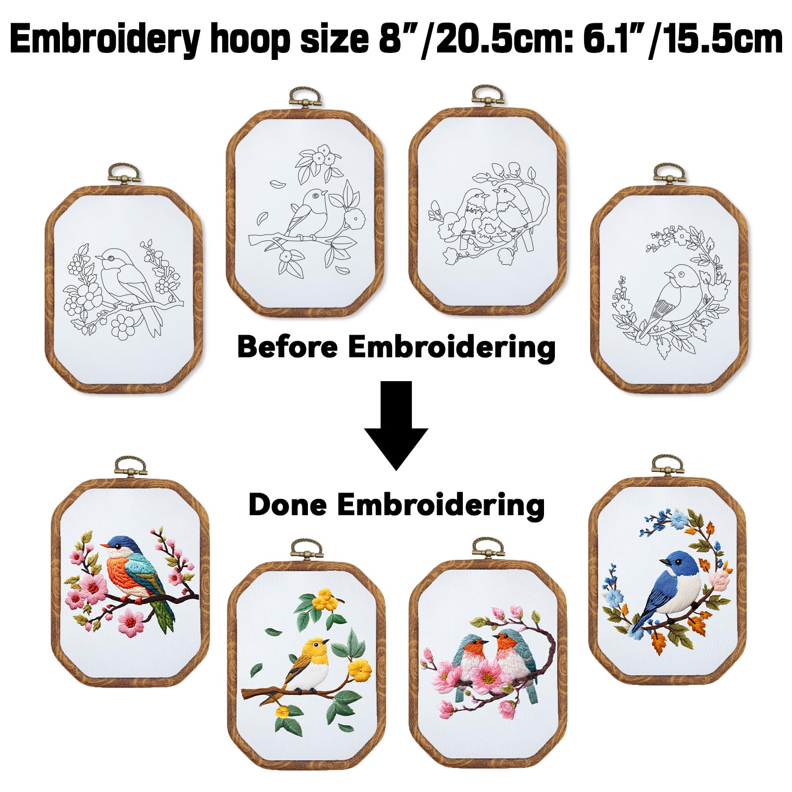 ORIGACH Juego de 4 kits de bordado para principiantes y adultos, kit de iniciación de bordado de colibrí y flores con patrones estampados, instrucciones (idioma español no garantizado), agujas de aro