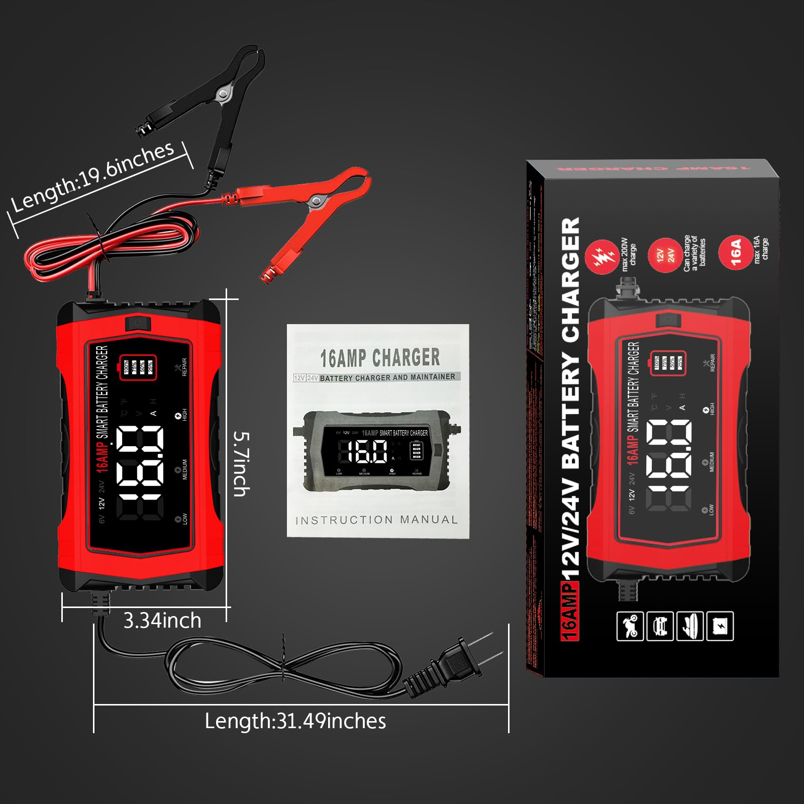 16-Amp Battery Charger, 12V 24V Lithium LiFePO4 Lead Acid Car Battery Charger 10-Stage Trickle Charger Smart Battery Maintainer w/Temp Compensation for Car Truck Lawn Mower Boat Marine — view 6