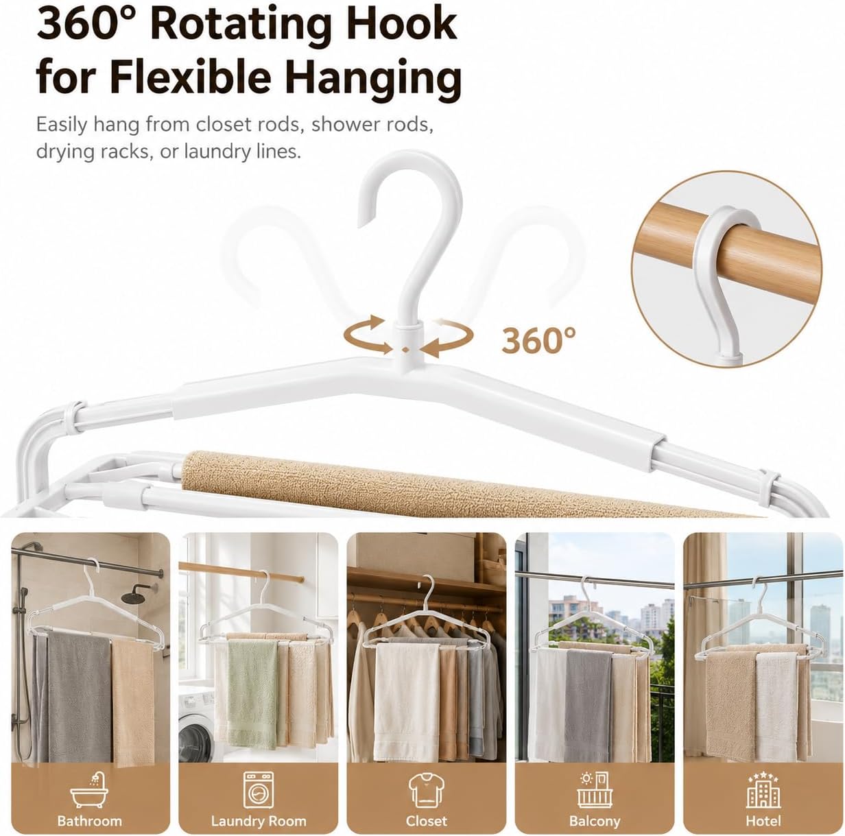 Retractable Bath Towel Hangers 5 Pack,Foldable Adjustable Clothes Hangers, Extendable from 14.2" to 23.6",360° Rotating Hook,Space Saving Drying Hanger for Bathroom, Laundry Room,Apartment, Hotel