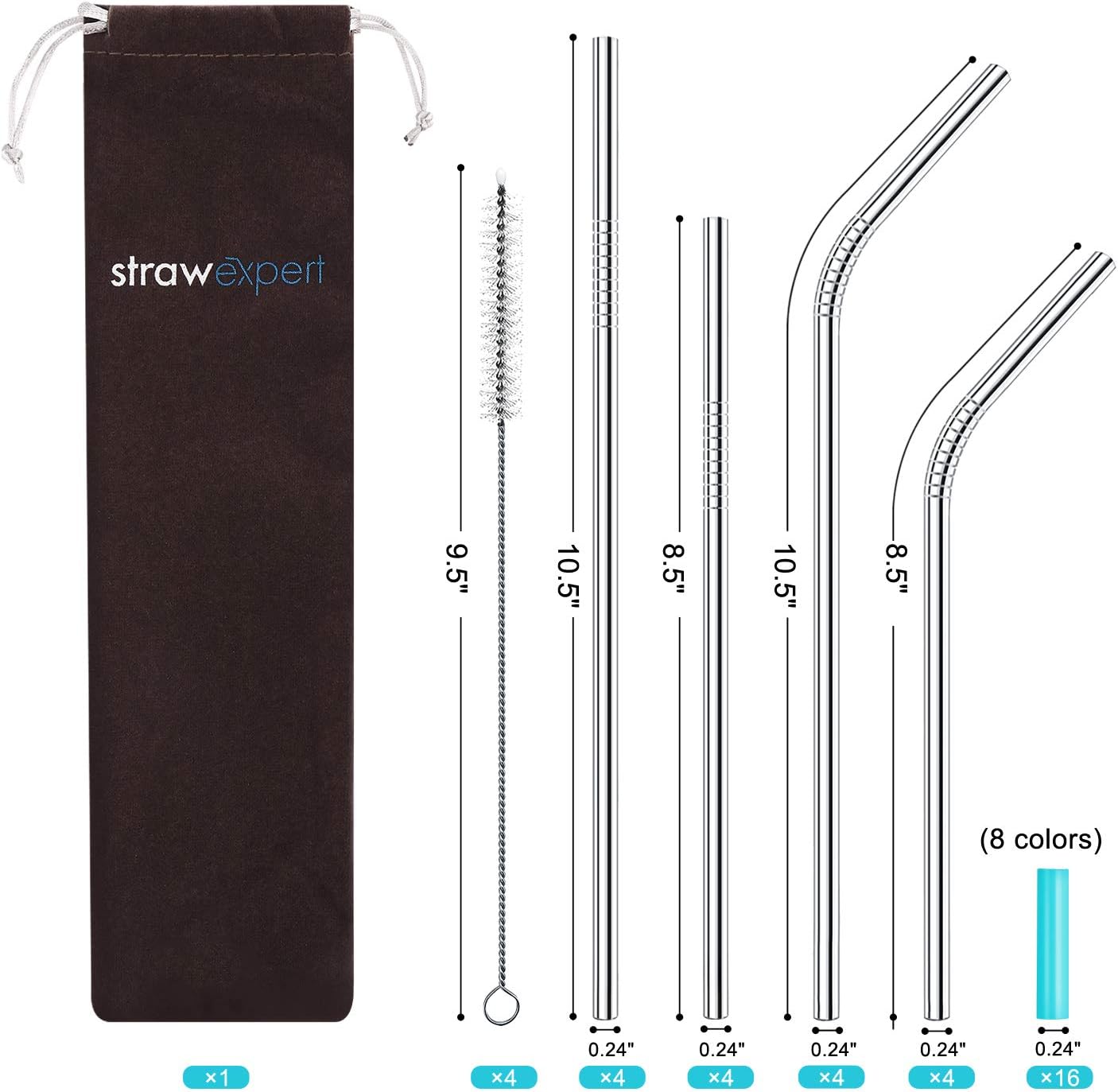  Set of 16 Reusable Stainless Steel Straws with Travel Case Cleaning Brush Silicone Tips Eco Friendly Extra Long Metal Straws Drinking for 20 24 30 oz Tumbler, Silver thumbnail