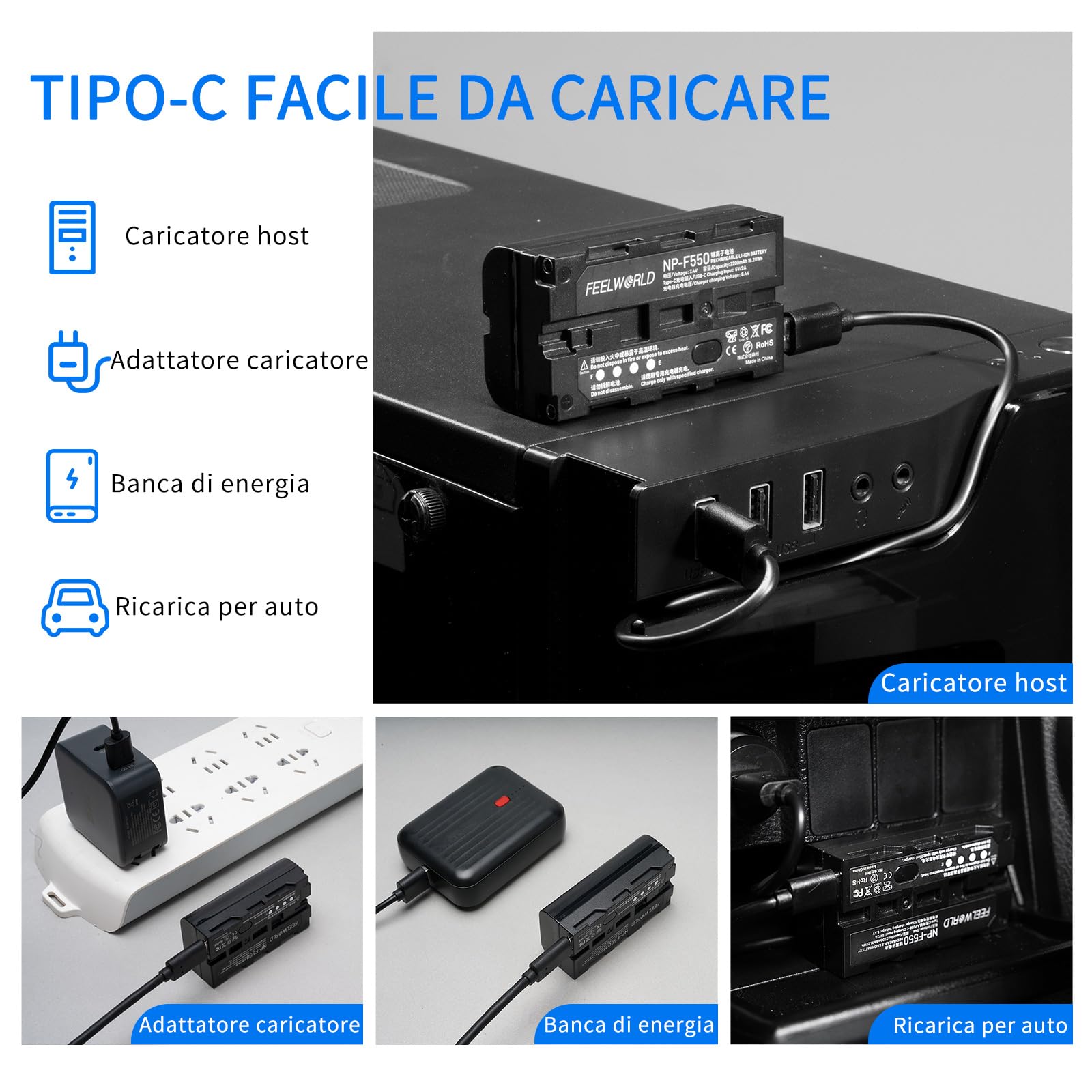 FEELWORLD 1 Pack NP-F550 2200mAh batteria di ricambio di NP-F970 F960 F950 F770 F750 F570 F550, USB-C ricarica rapida ricaricabile per luce video LED, monitor fotocamera, trasmissione wireless