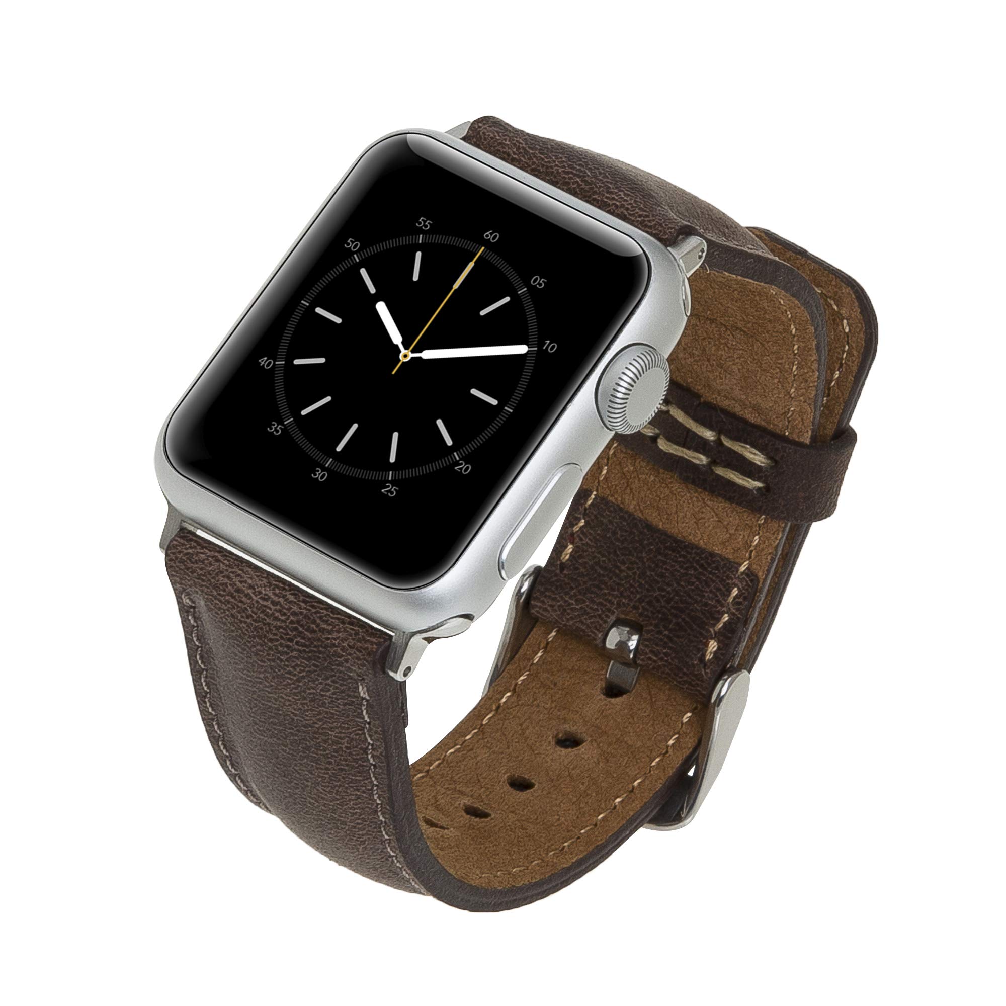 Tuscany Premium Leather Watch Band for Apple Watch Ultra 3/2/1 & SE 3/2/1 & Series 11 10 9 8 7 6 5 4 3 2 1 49mm 46mm 45mm 44mm (Coffee Brown w/Silver