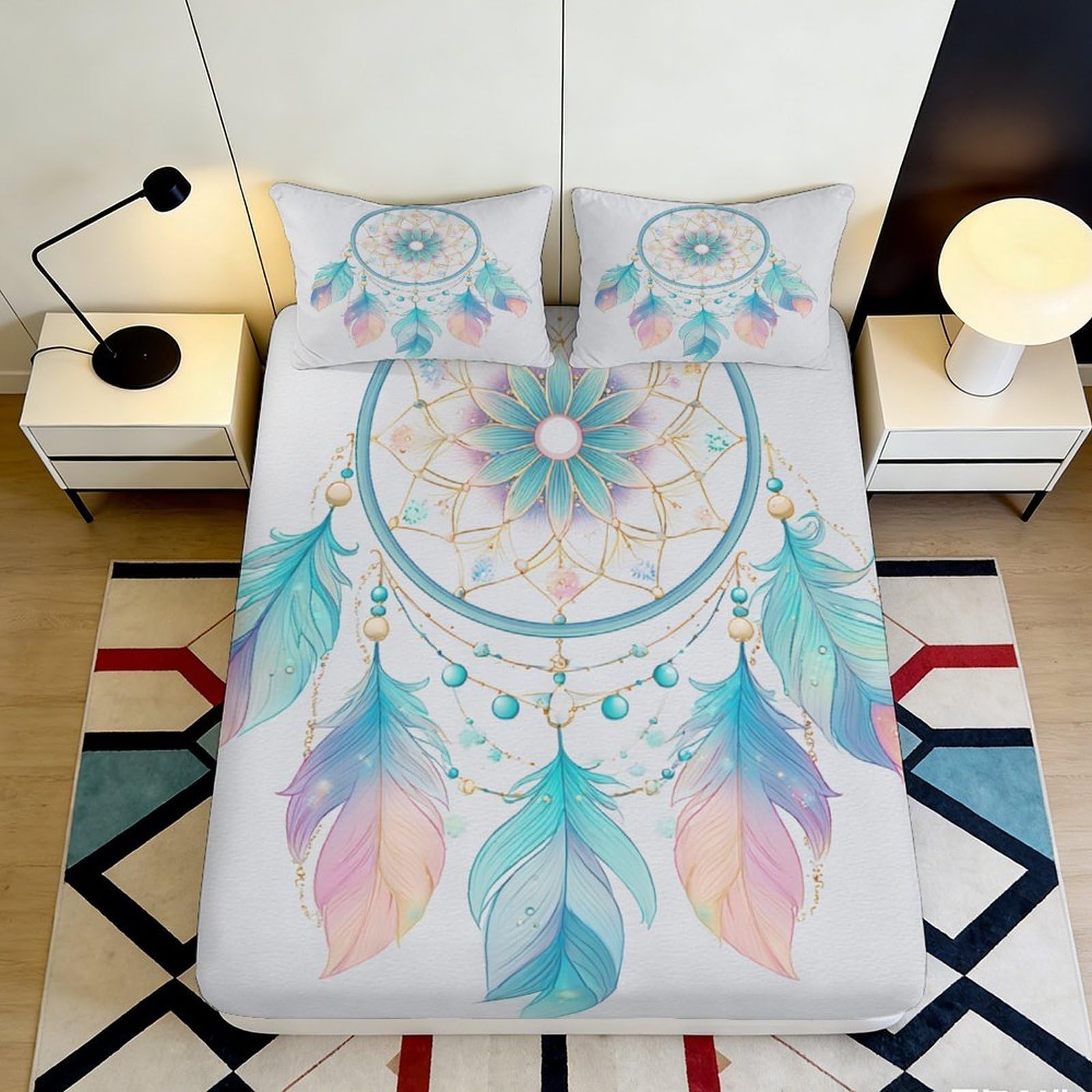 Pnayamiorkfel Style-1 3D Printed Dreamcatcher Fitted Sheet Microfiber Soft Pastel Feather Bed Cover For Bedroom Dorm Mattress Protection 90X200x25cm