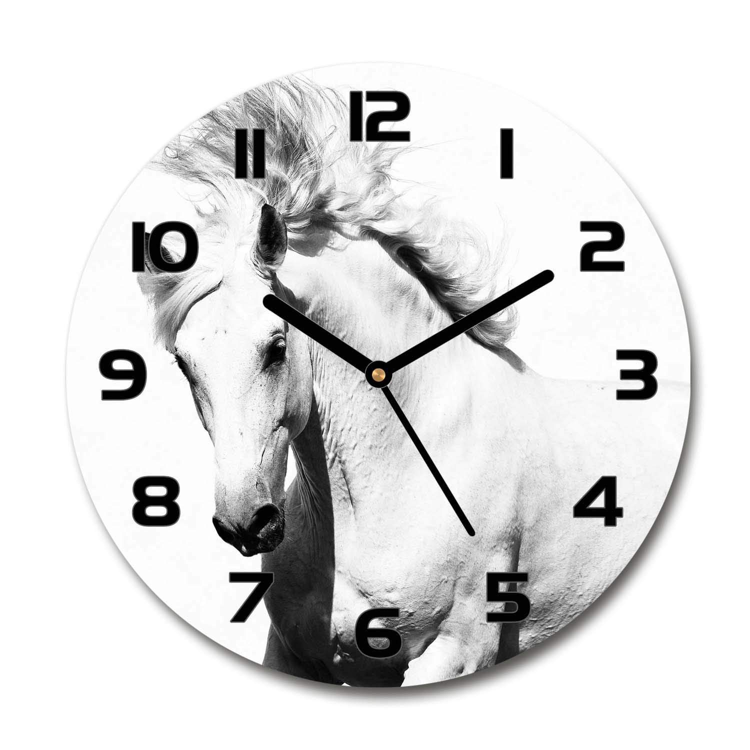 Horloge en verre 60x60cm Tulup avec impression de cheval blanc et aiguilles noires