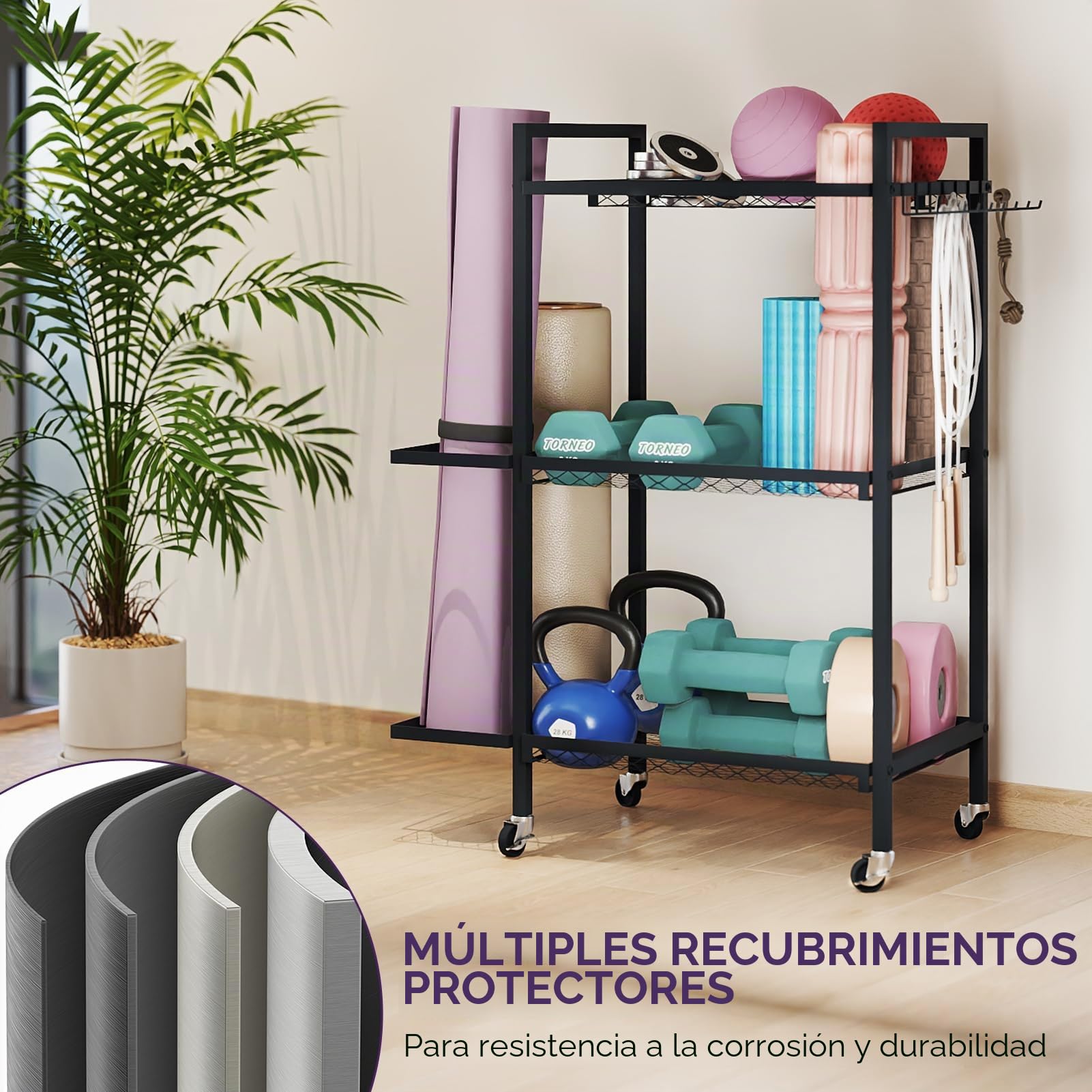 Esterilla de yoga para almacenamiento, esterilla de deporte, 3 niveles, estantería en estantes, metal con recubrimiento de polvo, 35,1 cm x 14,9 cm x 44,2 cm, portátil, ahorra espacio, 3