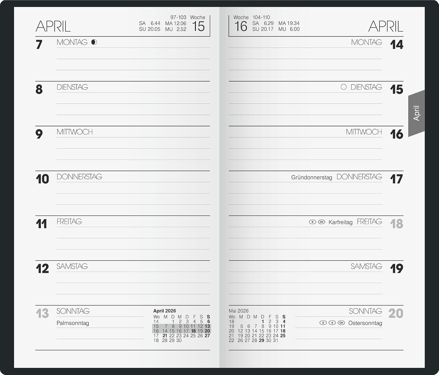BRUNNEN Pocket Calendar Model 758 2026 | A6, Leather, Black