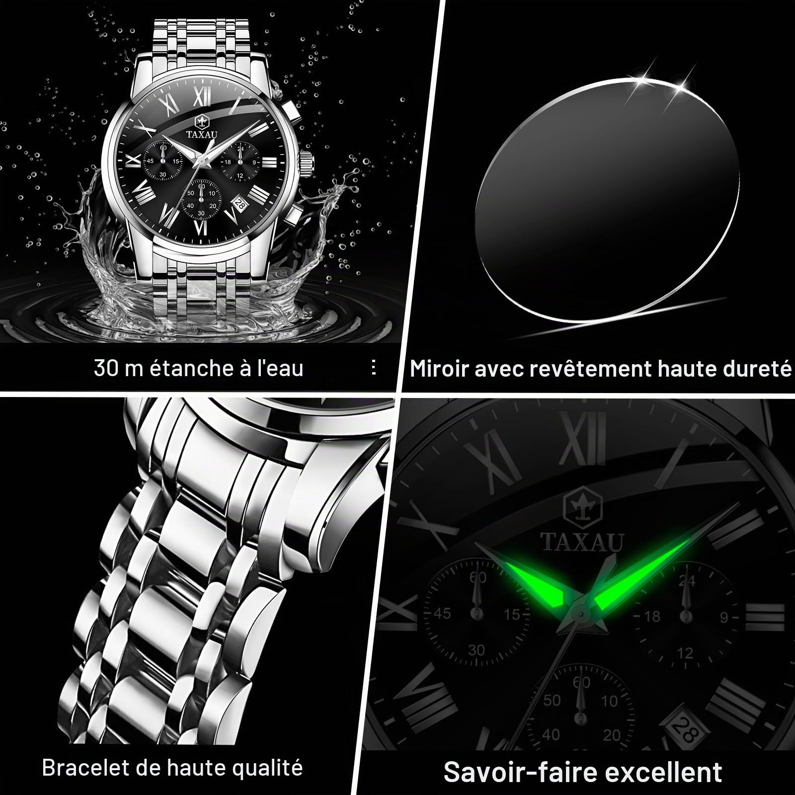 Taxau Montre multifonction pour homme - En acier inoxydable - Chronographe - Cadran romain - Montre de luxe - Étanche - Lumineuse - Avec date - Cadeau pour homme