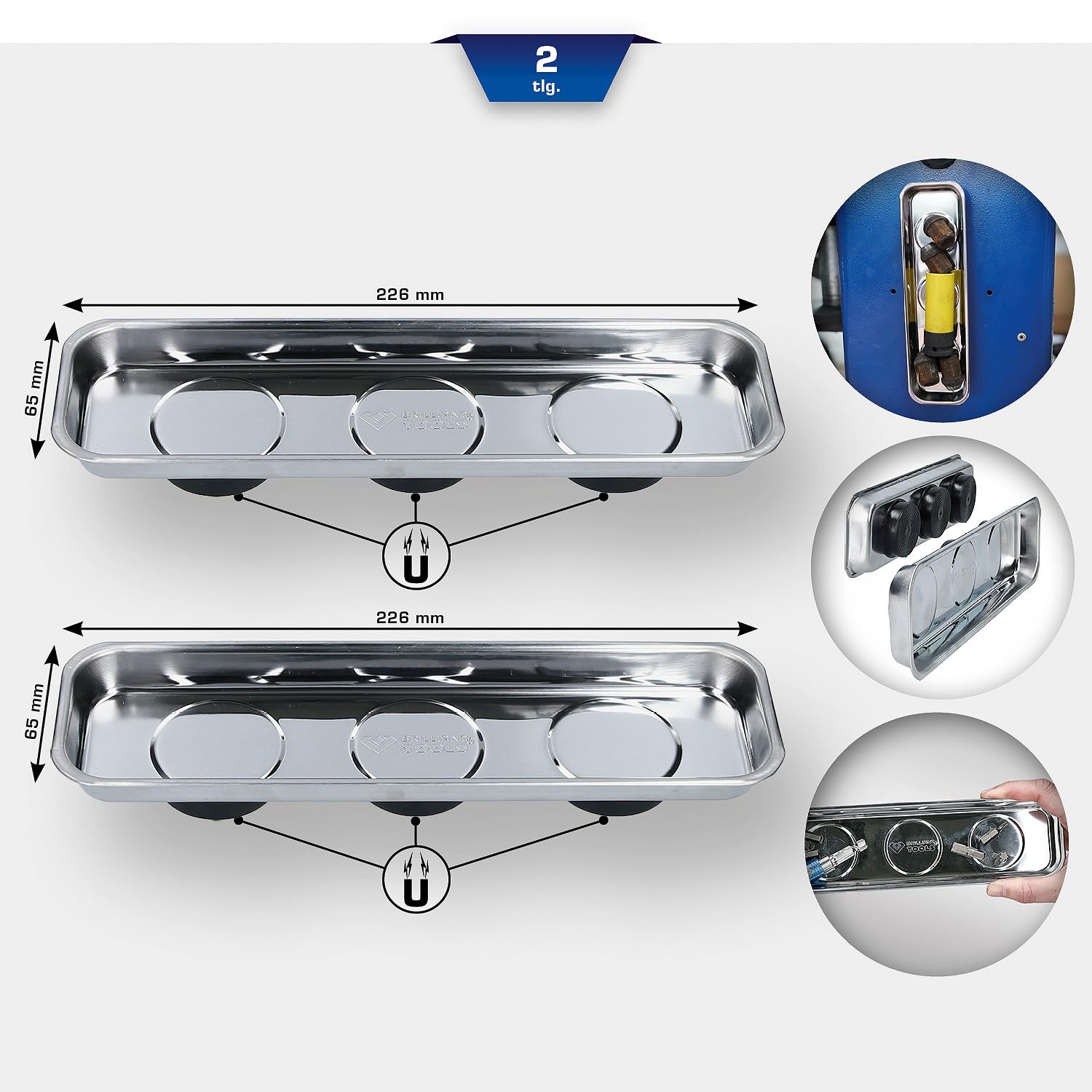 BRILLIANT TOOLS BT691155 Vassoio magnetico/vaschetta in acciaio inox 65 x 226 mm, 2 pz [Powered by KS TOOLS]