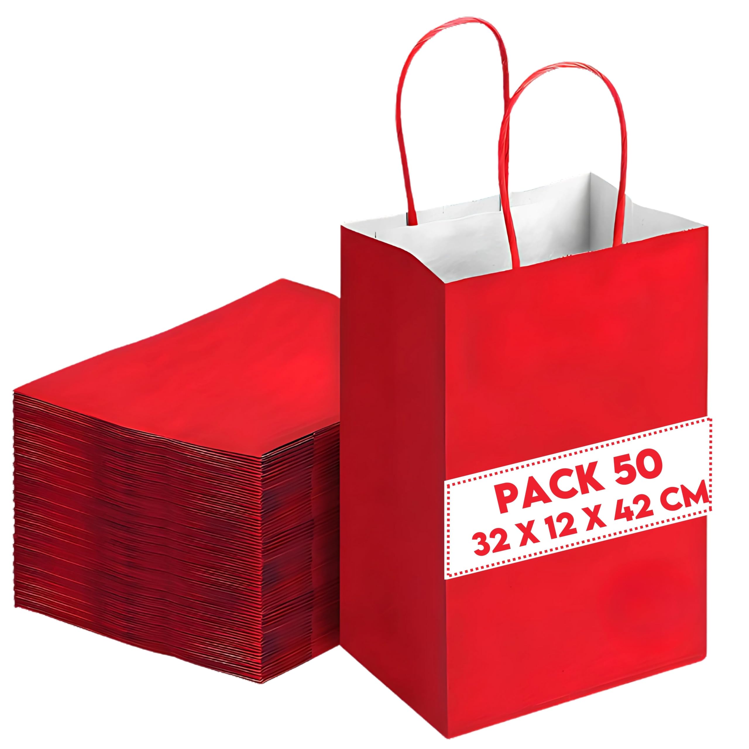50 sacchetti regalo in carta kraft rossa, 32 x 12 x 42 cm, sacchetto regalo di compleanno, sacchetto regalo con manici intrecciati, ideale per confezioni regalo, celebrazioni, Natale, matrimonio
