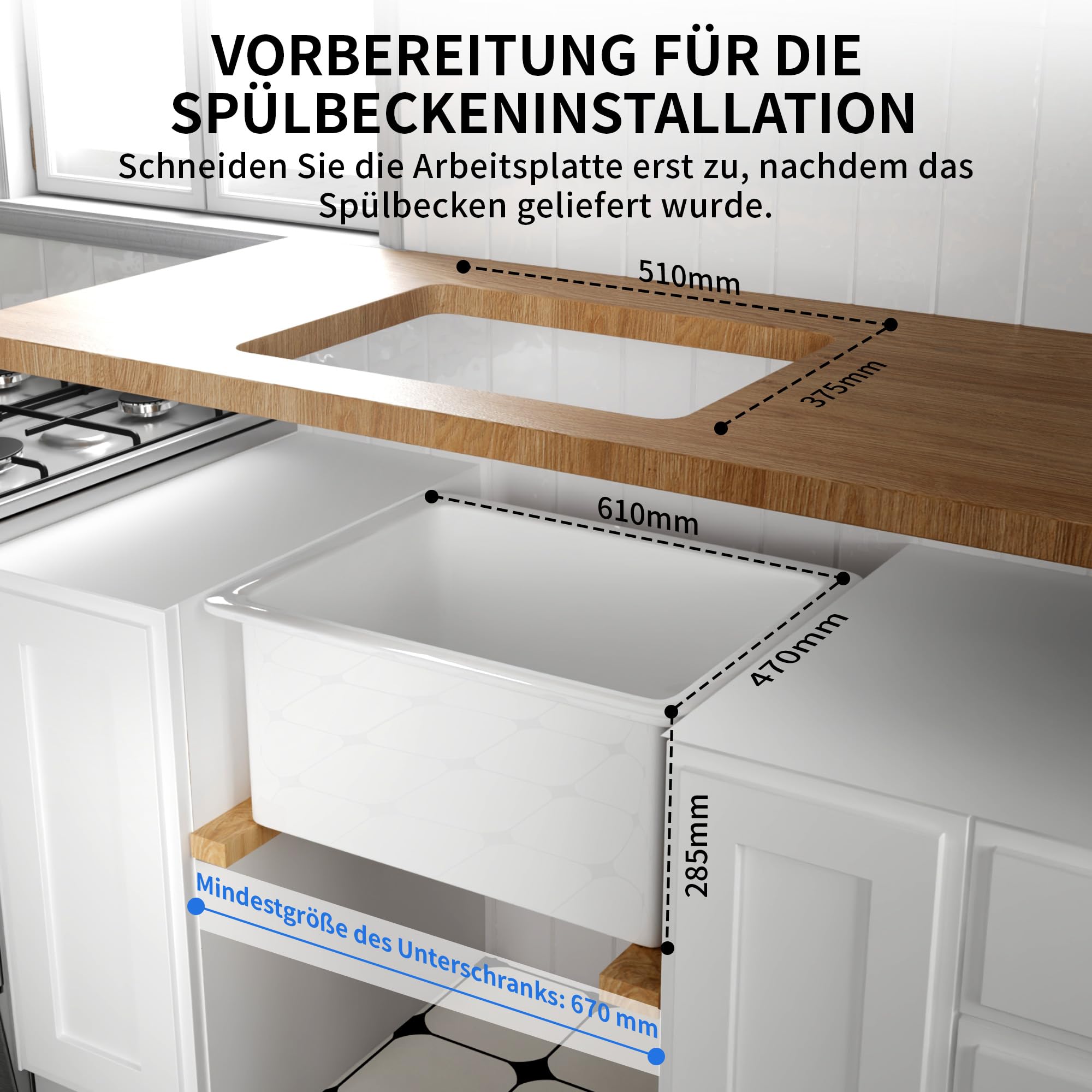 DeerValley Évier de Cuisine Blanc, Évier de Ferme en Argile Réfractaire 61 × 47 cm, Évier Encastrable,Lavabo 1 bac avec Spülbeckenrost, Korbsieb