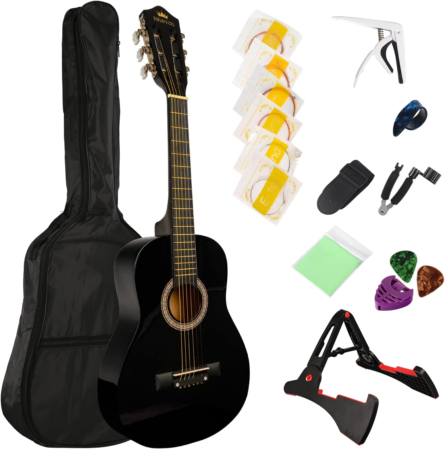 BESYOU Beginner Guitar 38"All Wood Acoustic Guitar Starter Kit String Natural Matte